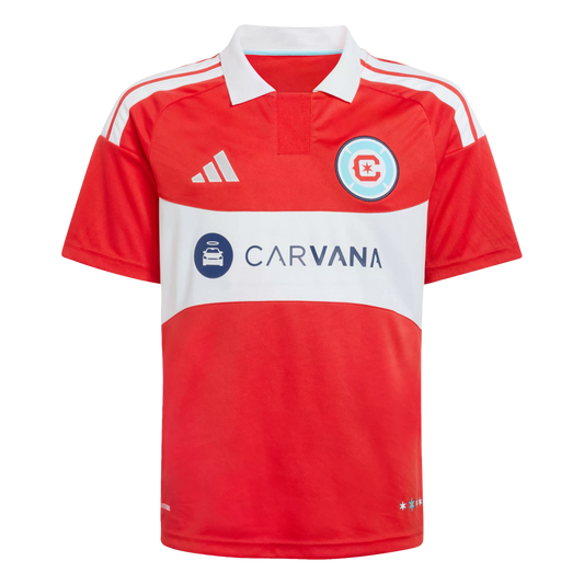 Red Chicago Fire soccer jersey with a white horizontal band across the chest. Features a white polo collar, Adidas logo, team crest, and the Carvana sponsor logo.
