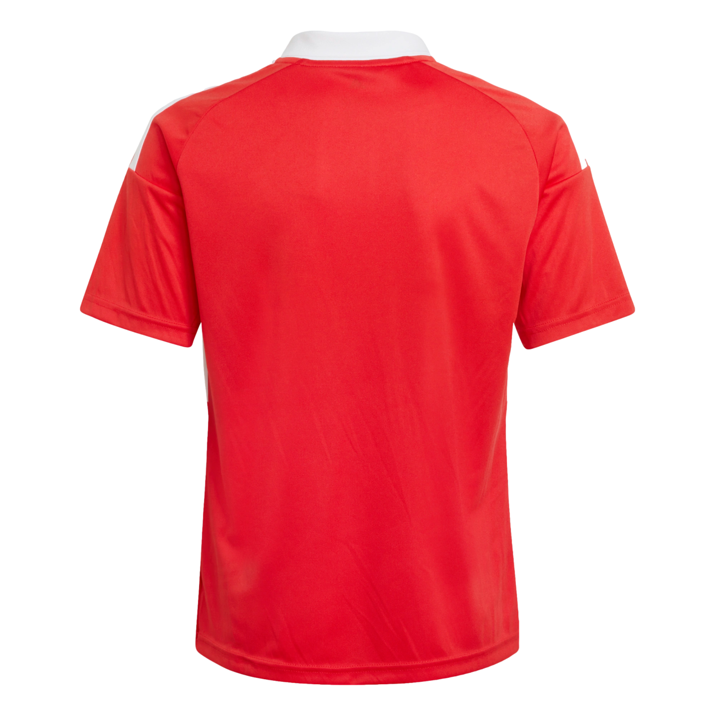 Back view of a red short-sleeved sports jersey with a white collar and white shoulder stripes against a black background.