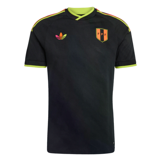 Black Adidas jersey with neon green collar and cuffs. Features a multicolored trefoil logo, an orange "FPF" shield, and orange and yellow stripes on the shoulders.