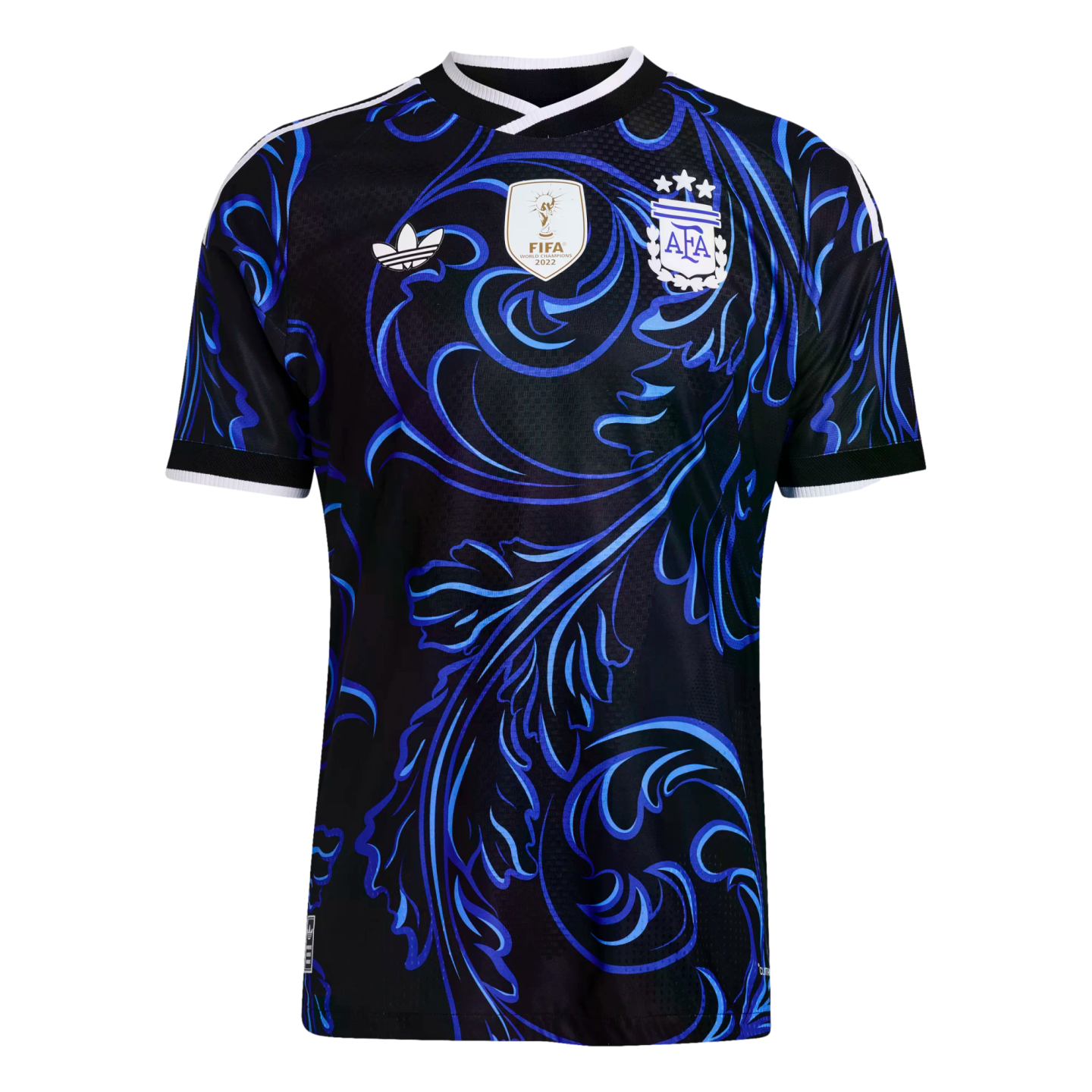 Black Argentina soccer jersey with ornate blue swirling patterns, featuring the AFA crest, FIFA World Champions patch, and white Adidas trefoil logo.