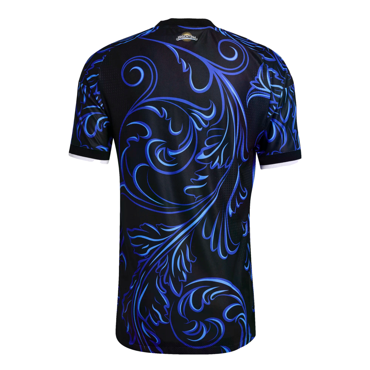 Back view of a black soccer jersey featuring intricate blue scrollwork patterns. A small "ARGENTINA" sun logo sits below the collar. Sleeve cuffs are trimmed in white.