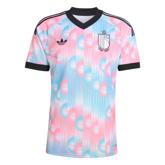Adidas Belgium soccer jersey with a pastel pink and light blue geometric pattern, black V-neck collar and sleeve cuffs, and the team crest.