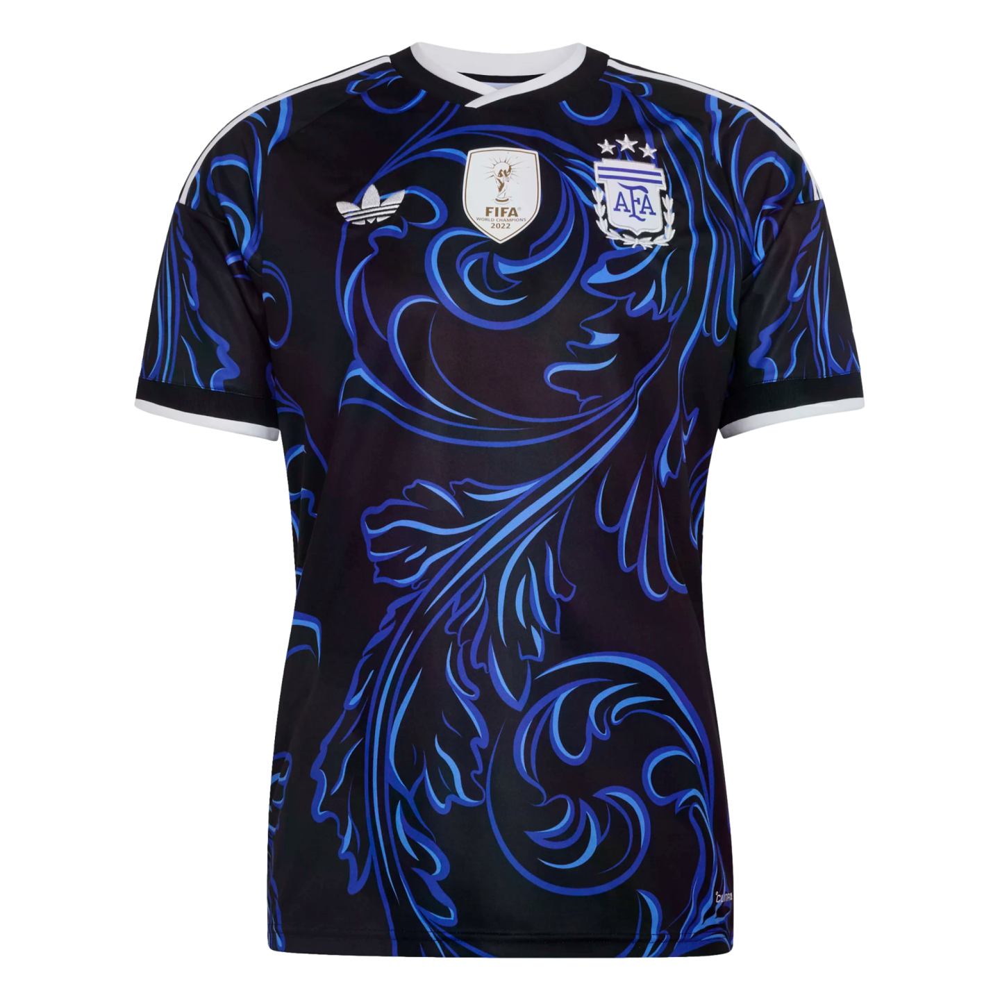 Black Adidas Argentina soccer jersey with ornate blue scrolling patterns, featuring the AFA three-star crest and the FIFA World Champions 2022 badge.