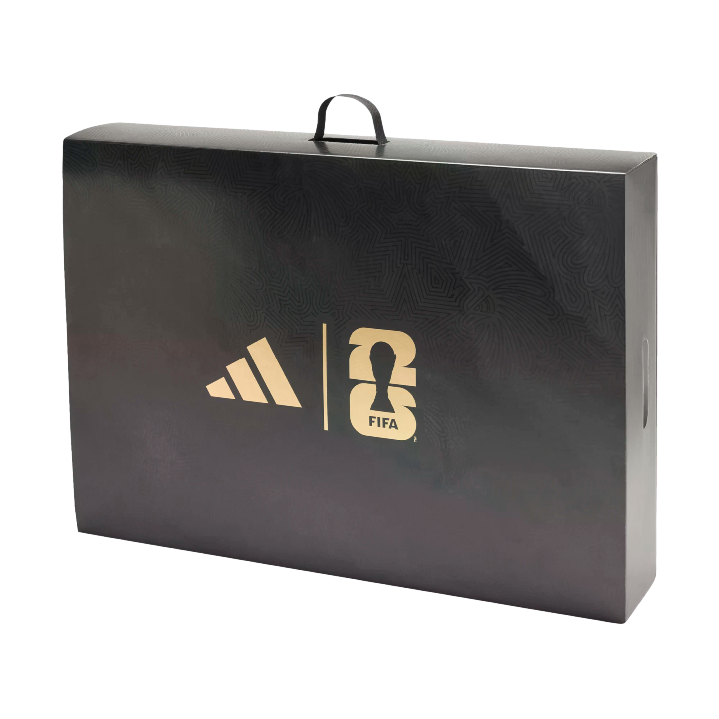 A black rectangular carrying case with a top handle features gold Adidas and FIFA World Cup 26 logos. The box has a subtle, intricate pattern on its surface.