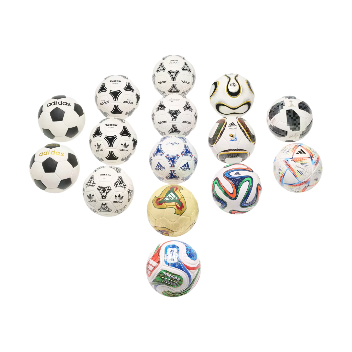 Collection of various Adidas FIFA World Cup soccer balls from different years arranged in a symmetrical pattern on a black background.