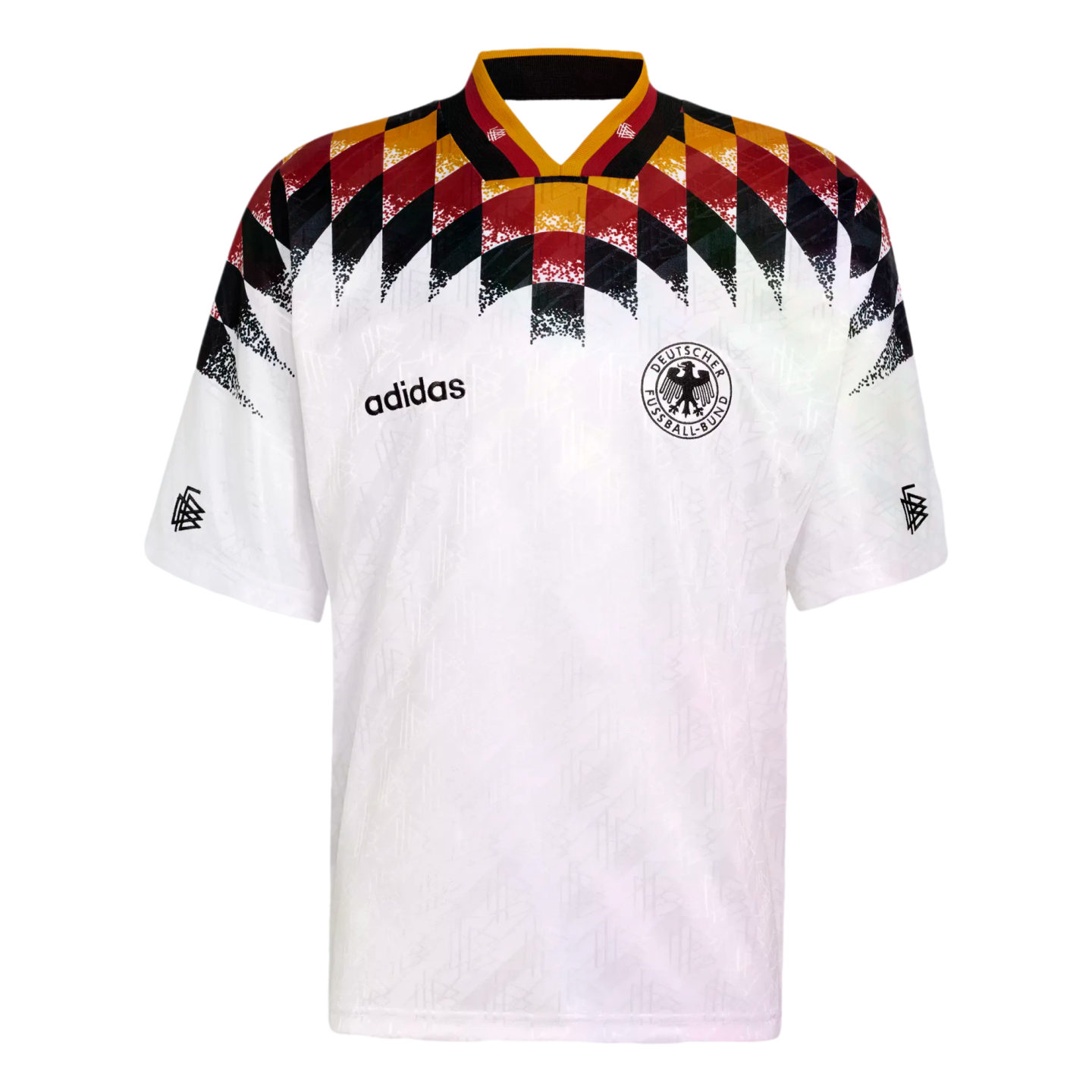 White Adidas Germany national team soccer jersey with a bold black, red, and gold diamond pattern across the chest and shoulders, featuring the DFB crest.