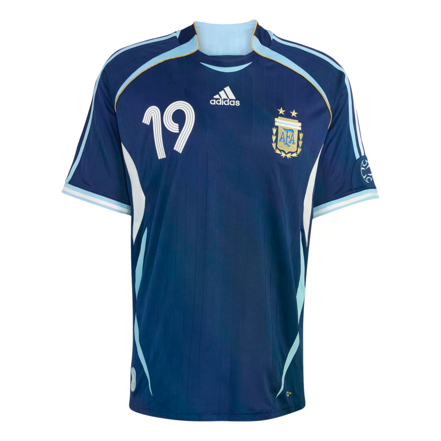 Dark blue Adidas Argentina away jersey with number 19 on the chest, light blue accents, and the AFA crest.