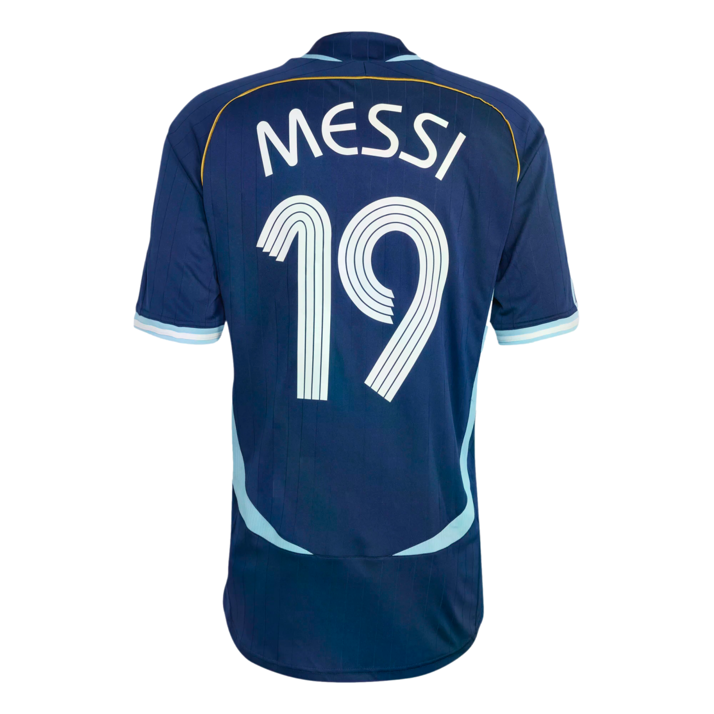 Back of a navy blue soccer jersey featuring the name "MESSI" and number "19" in white. The jersey has light blue trim and subtle vertical stripes, set against a black background.