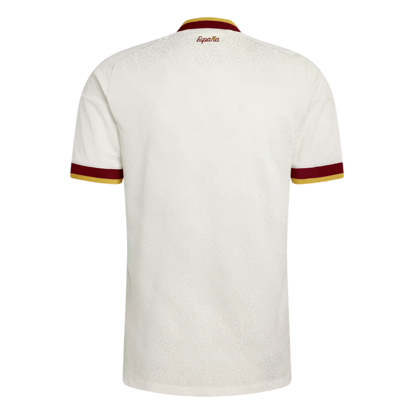 Back view of a cream Spain national team jersey with maroon and gold trim. Features a subtle embossed pattern and "España" printed below the collar.