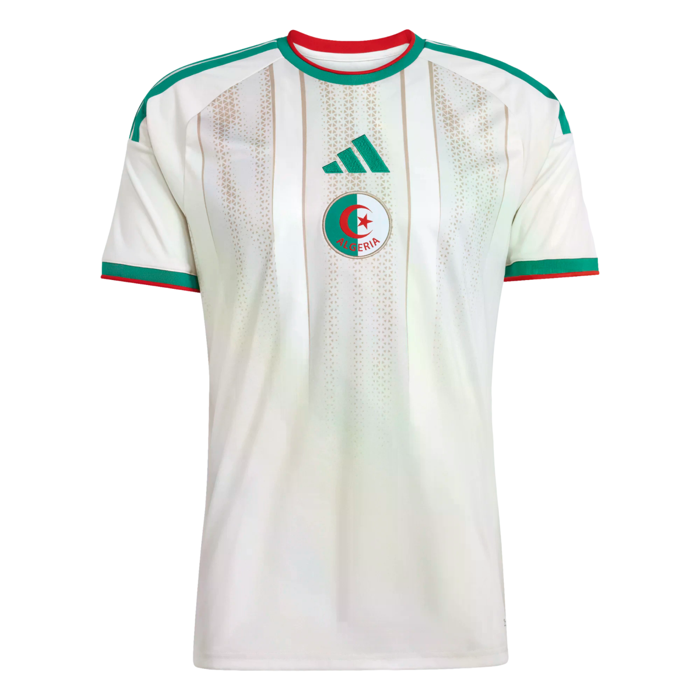 White Algeria national soccer jersey with centered team crest and green Adidas logo. Features green and red trim on the collar and sleeve cuffs.