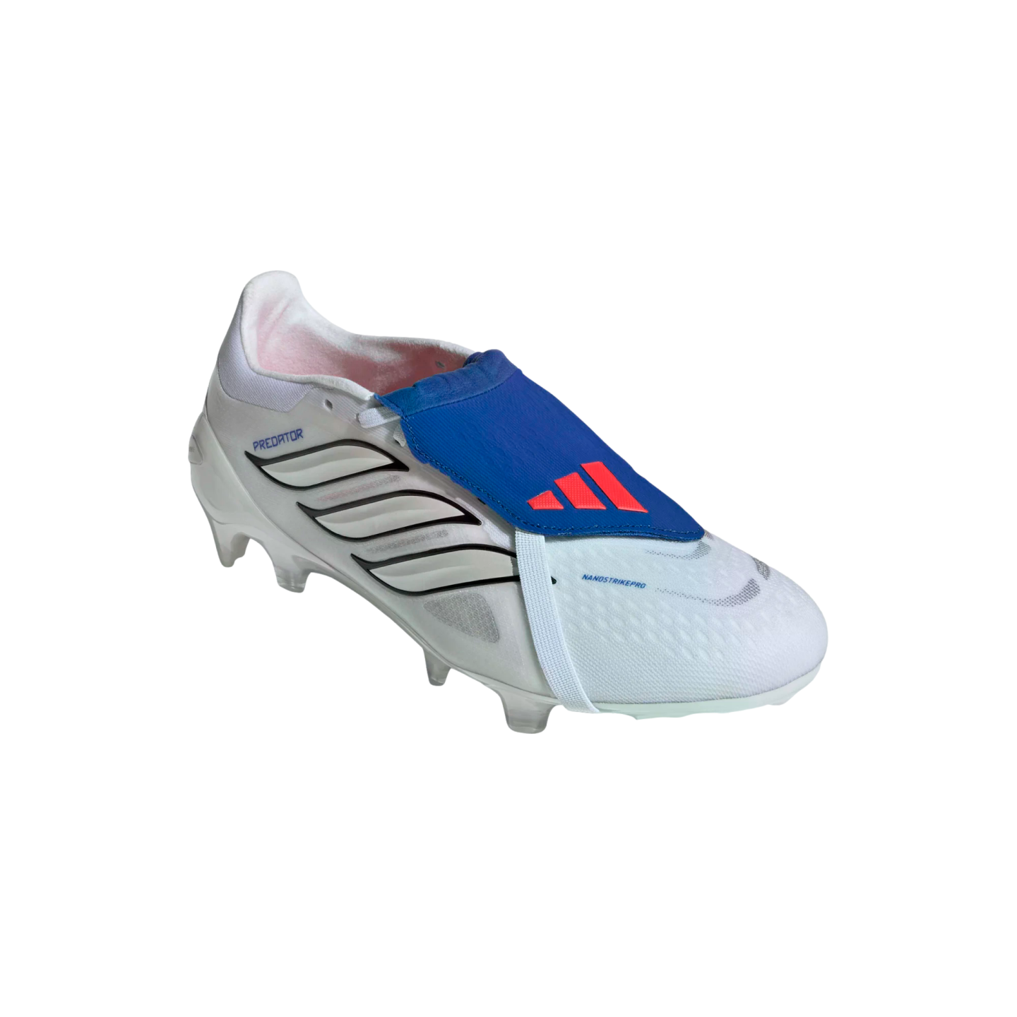 A white Adidas Predator soccer cleat featuring three black stripes and a blue fold-over tongue with a red logo.