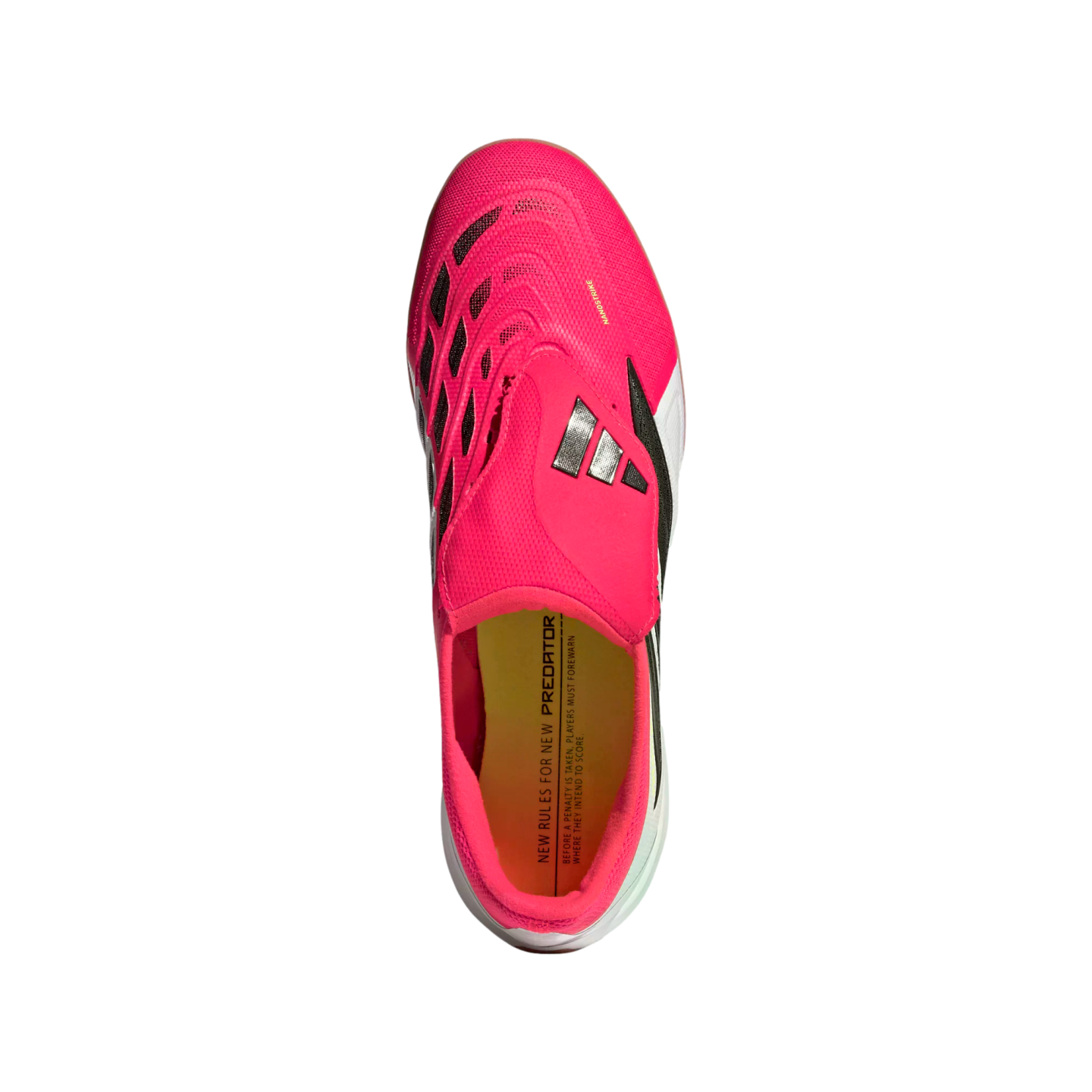 A top-down view of a bright pink Adidas Predator soccer shoe with black accents and a yellow insole, set against a solid black background.