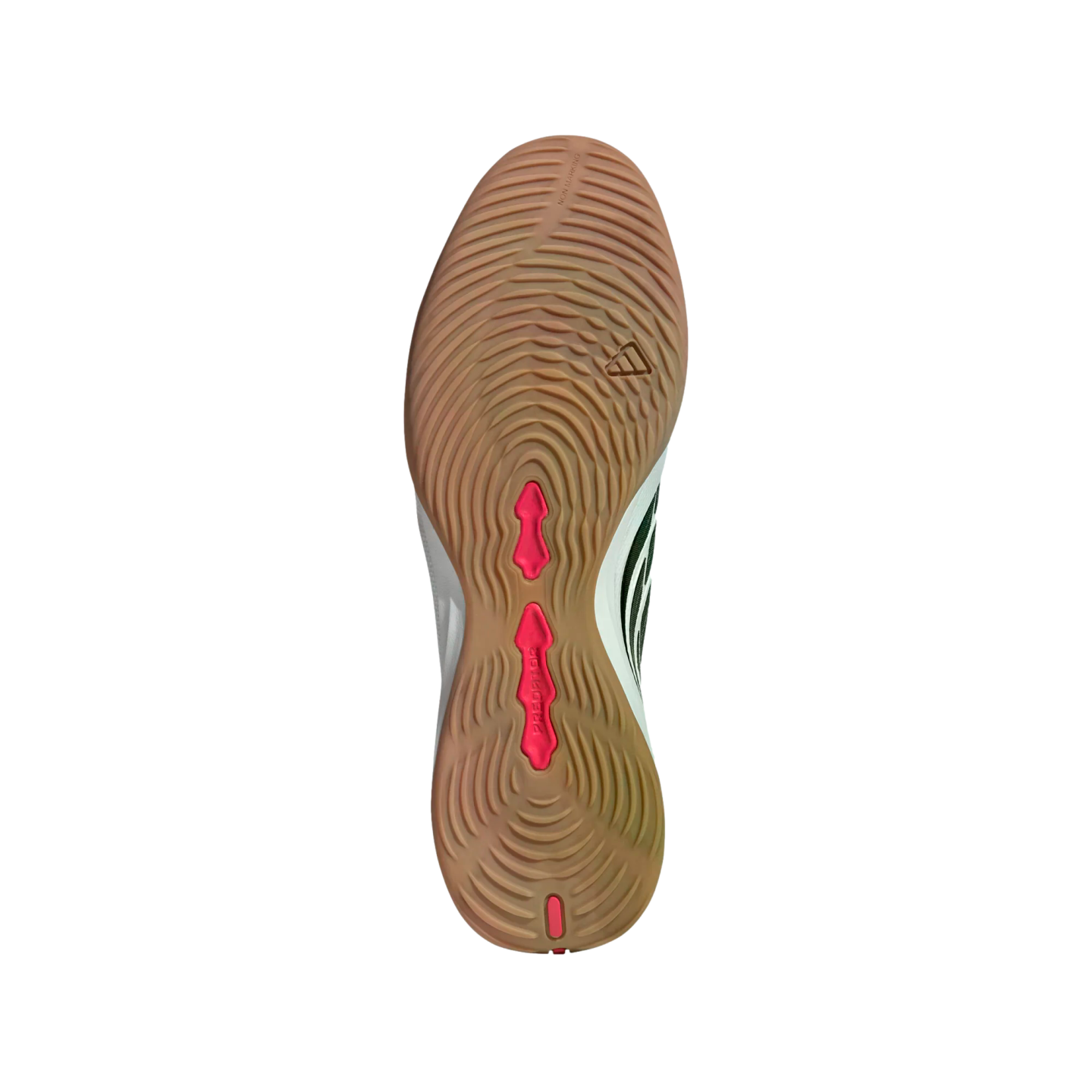 Underside of a gum rubber indoor soccer shoe sole with a rippled tread pattern and bright pink accents centered on a black background.