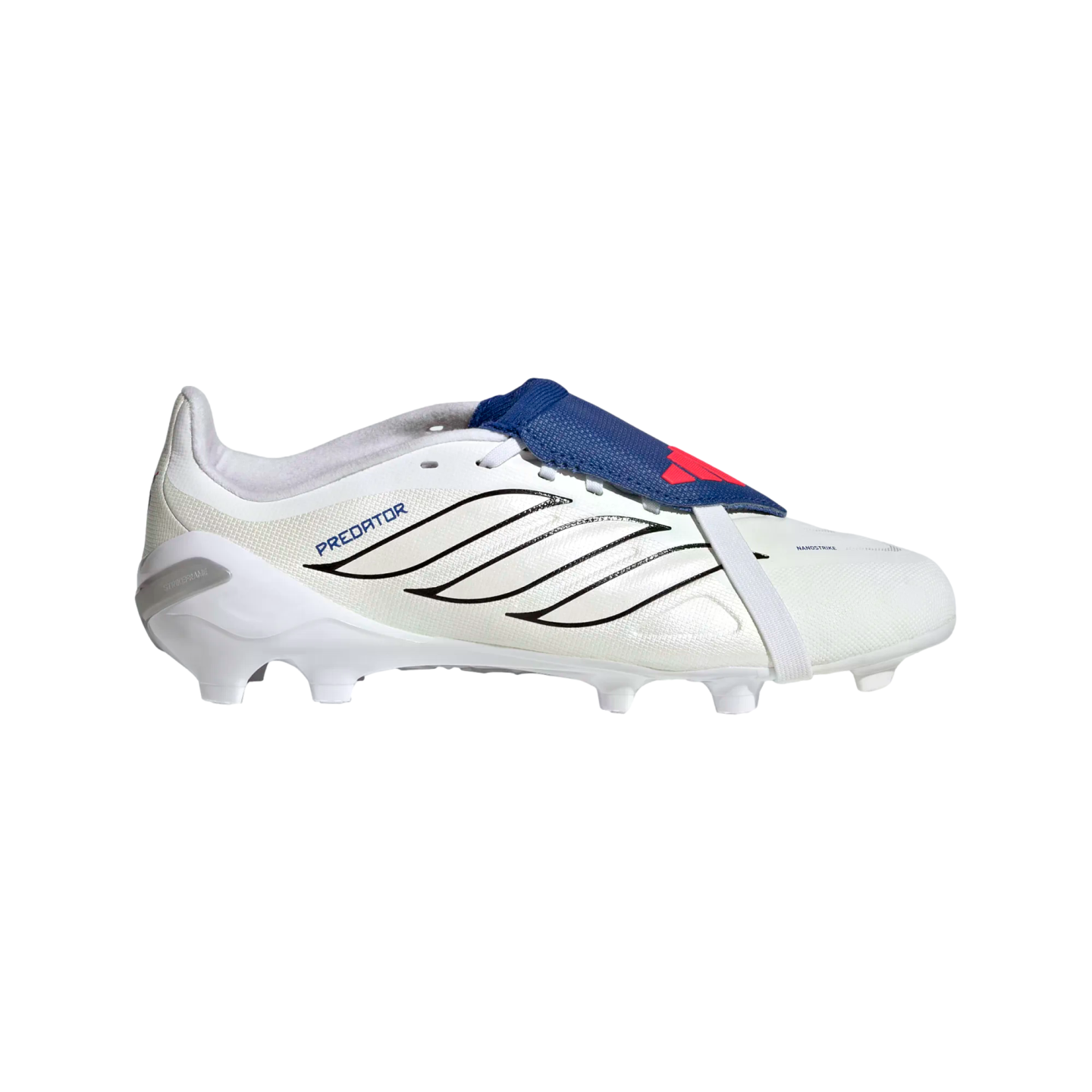 White Adidas Predator soccer cleat with black stripes and a blue fold-over tongue on a black background.