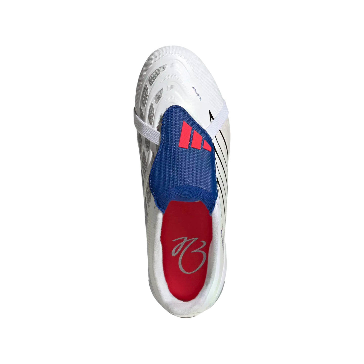 Top-down view of a white Adidas Predator soccer cleat featuring a blue lace cover with red stripes and a red insole, isolated on a black background.