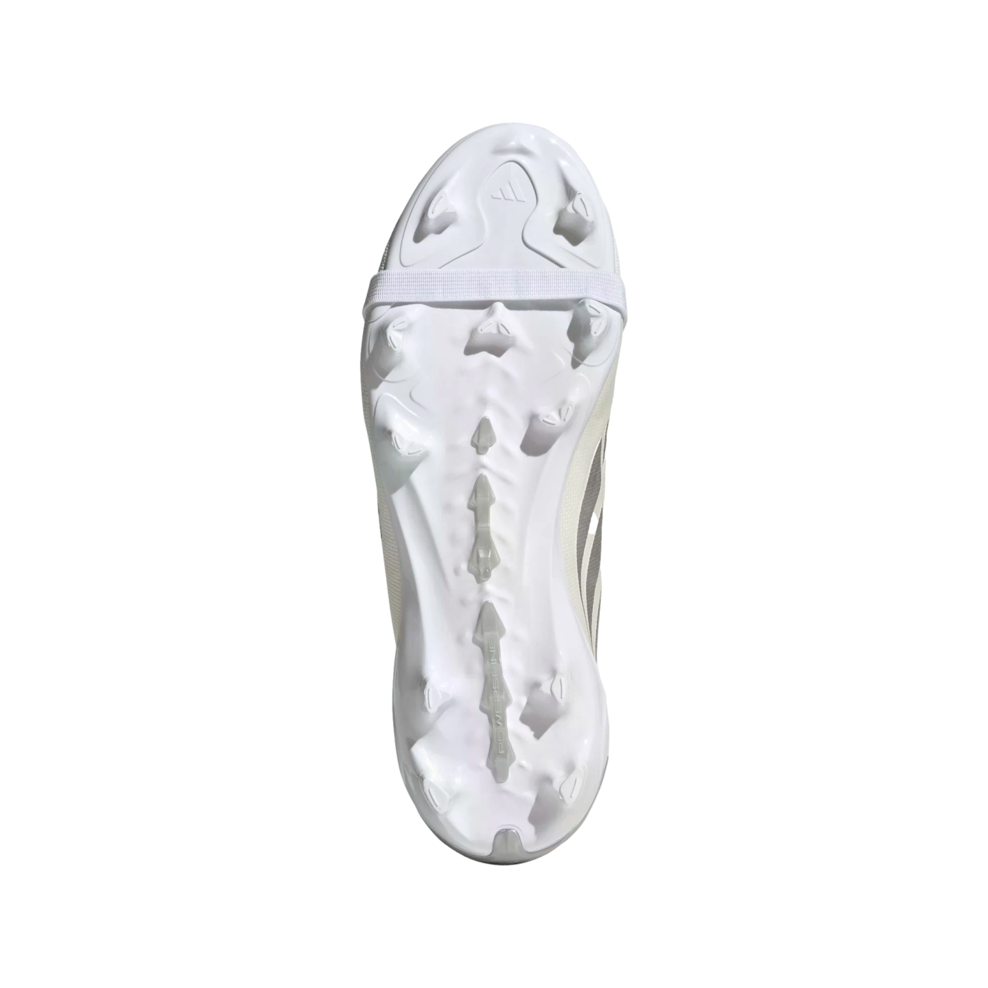 Underside view of an Adidas soccer cleat's white soleplate, showing molded studs and a central PowerSpine feature.