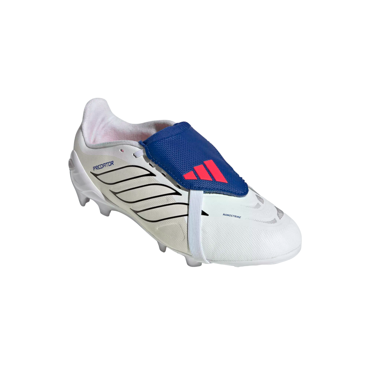 White Adidas Predator soccer cleat with black stripes and a blue fold-over tongue featuring a red logo, held by a white elastic strap, isolated on a black background.