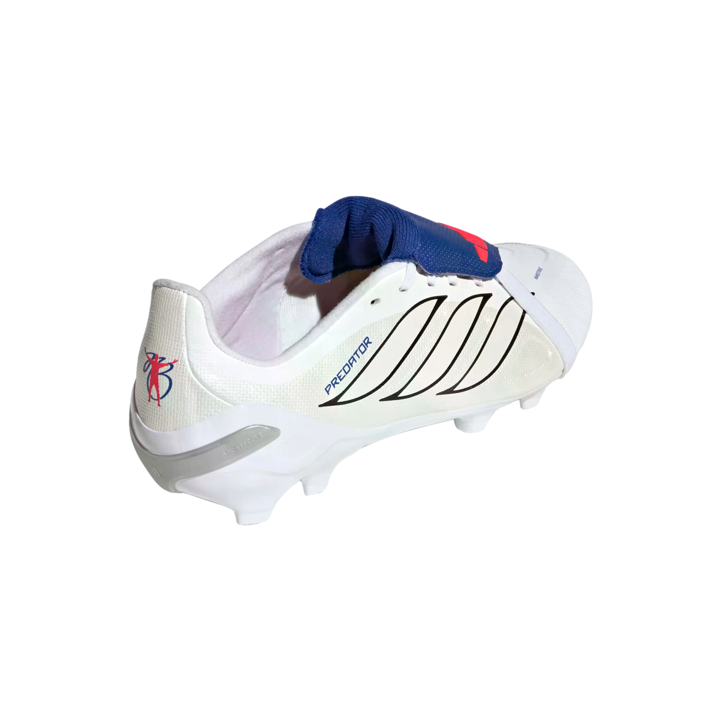A white Adidas Predator soccer cleat with a blue fold-over tongue and black stripes, shown from the side on a black background.