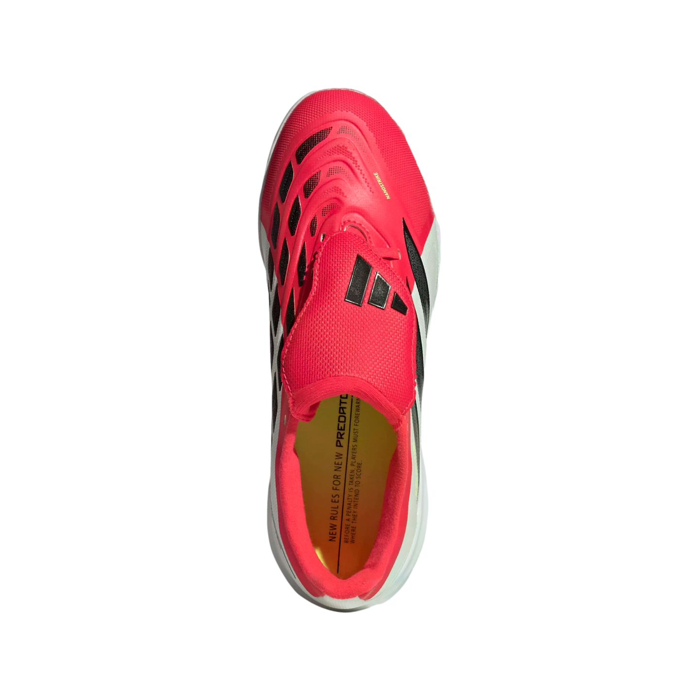 Top-down view of a vibrant pink and black Adidas Predator soccer cleat with a yellow insole, isolated against a solid black background.