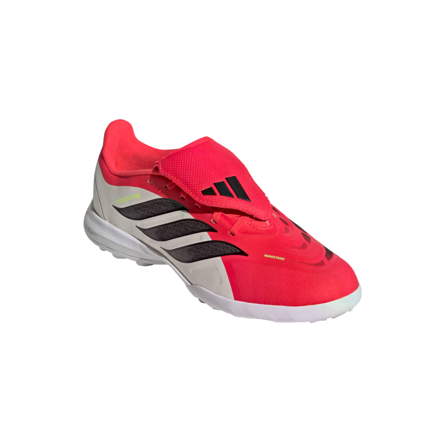 Adidas Predator soccer shoe in bright pink and white with a fold-over tongue and black stripes.