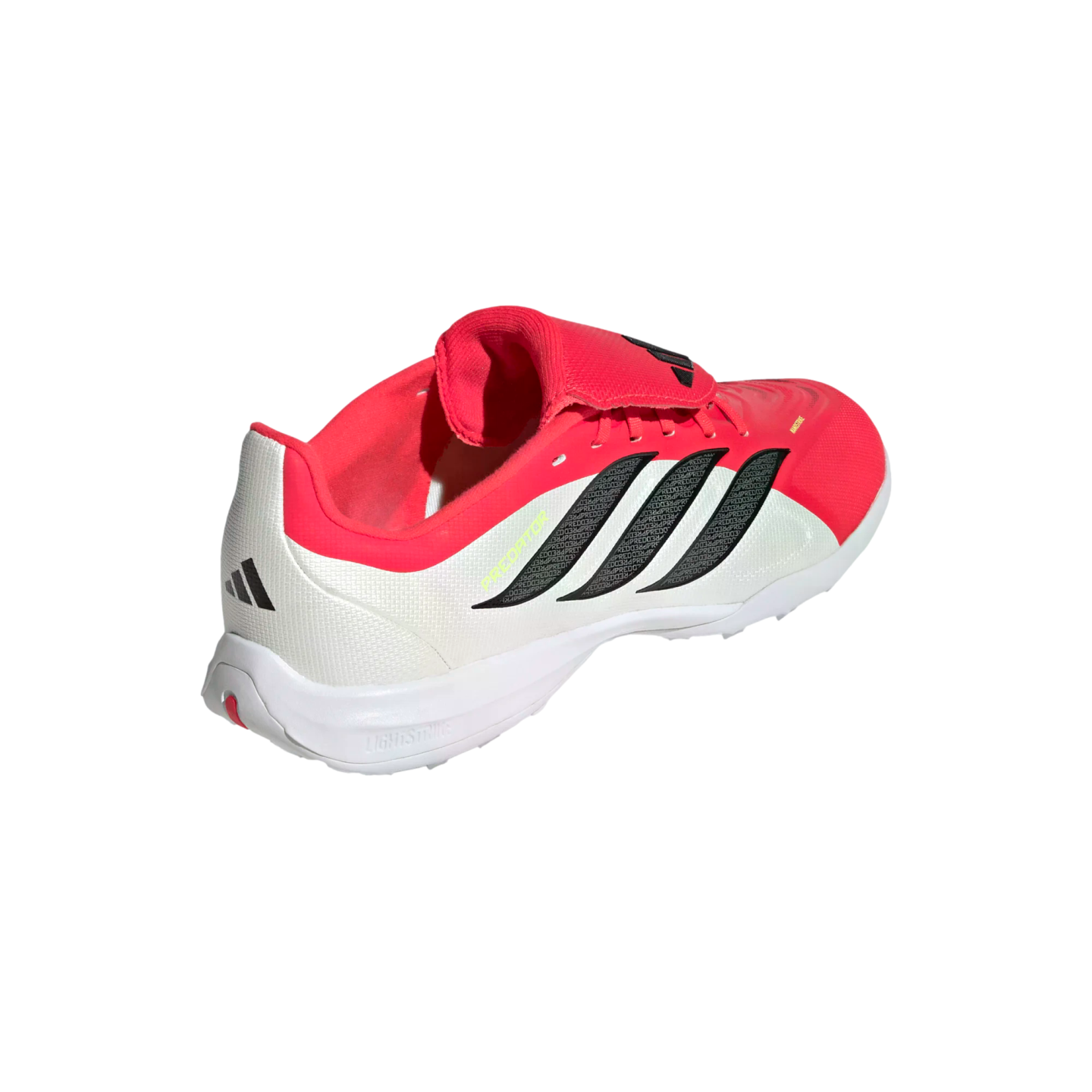 Rear-side view of an Adidas Predator soccer shoe in bright pink and white, featuring black iconic stripes and a white Lightstrike midsole.