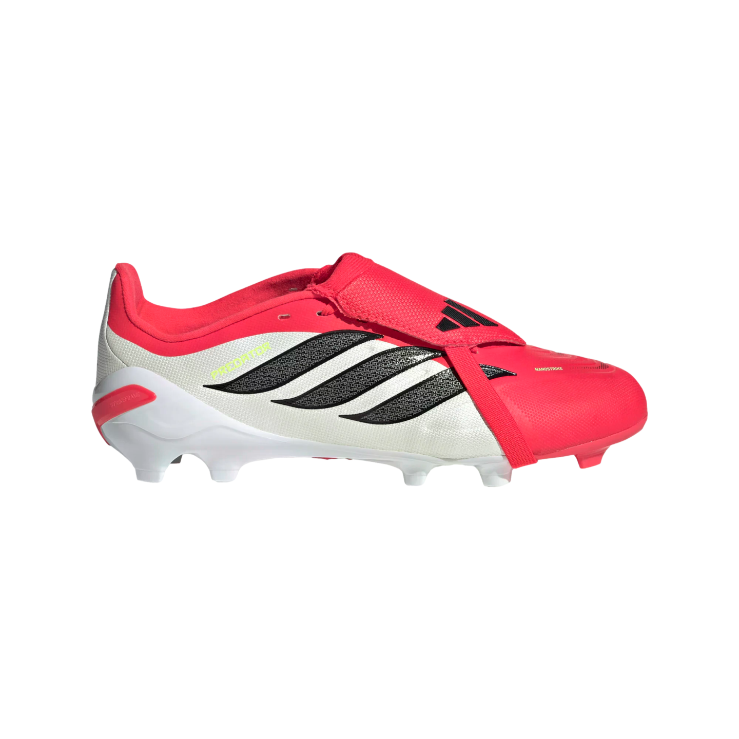 A side view of a red and white Adidas Predator soccer cleat featuring black stripes, a fold-over tongue with a strap, and a white studded outsole.