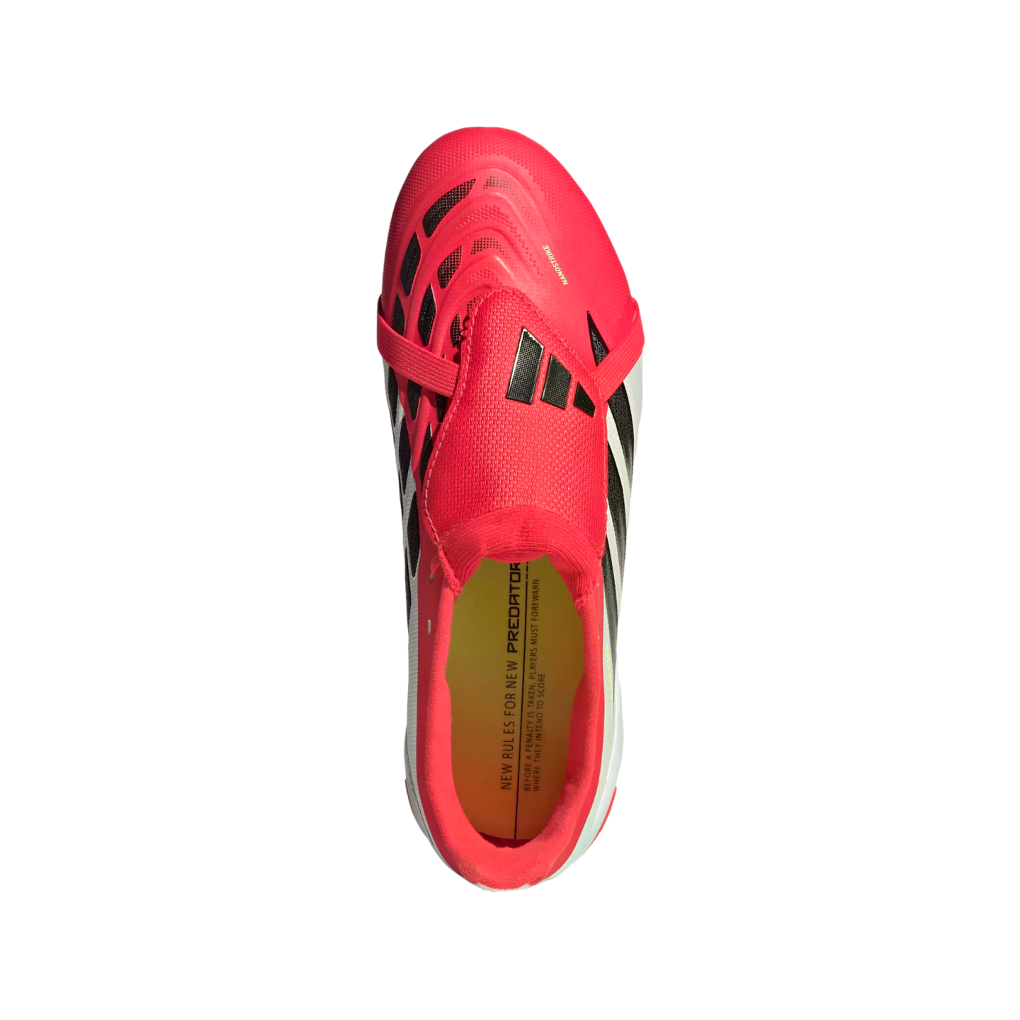 Top-down view of a red Adidas Predator soccer cleat with black accents, a fold-over tongue, and a yellow insole, set against a black background.