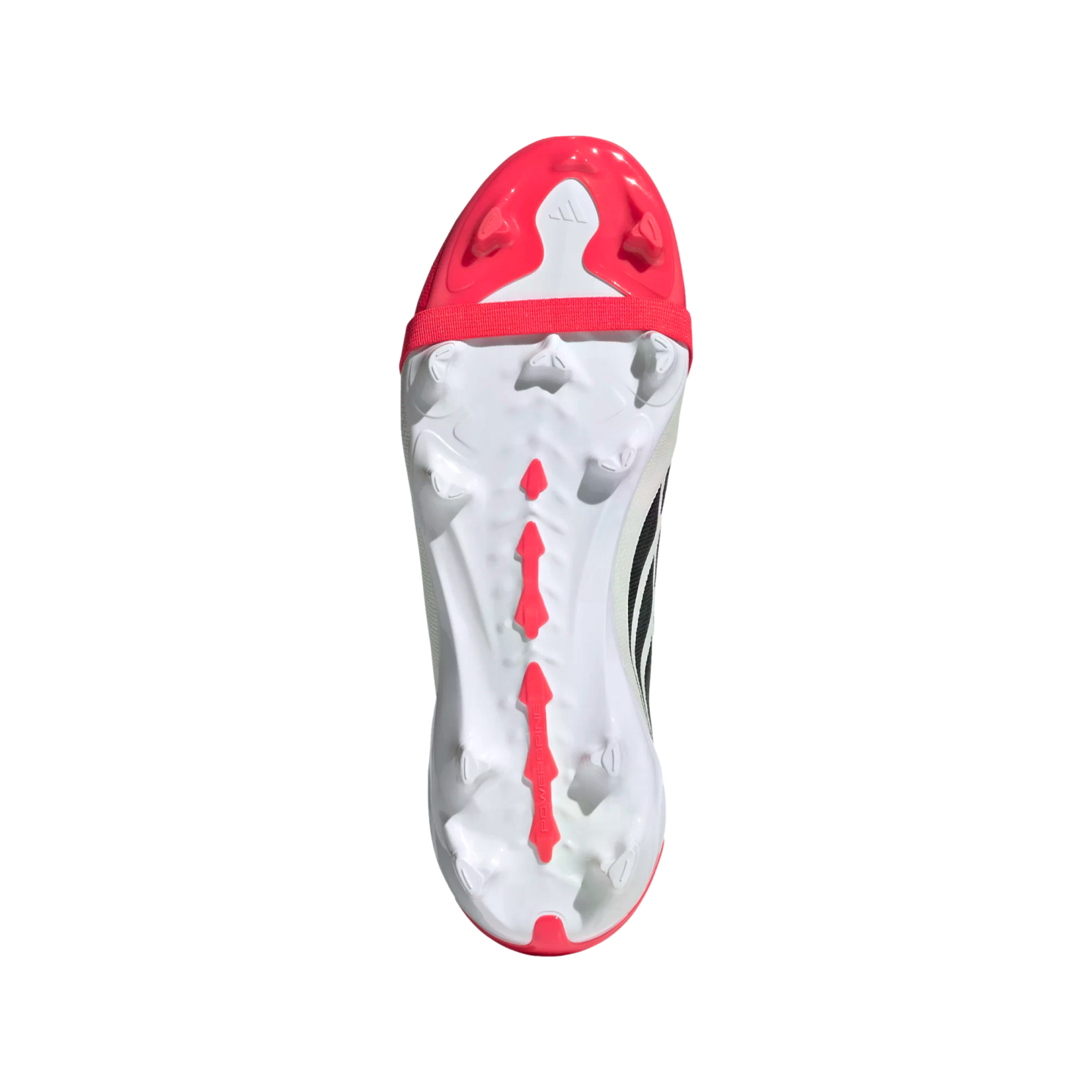 Sole of a white and red Adidas soccer cleat, showing its stud pattern and red Powerfacet elements along the center and toe against a black background.