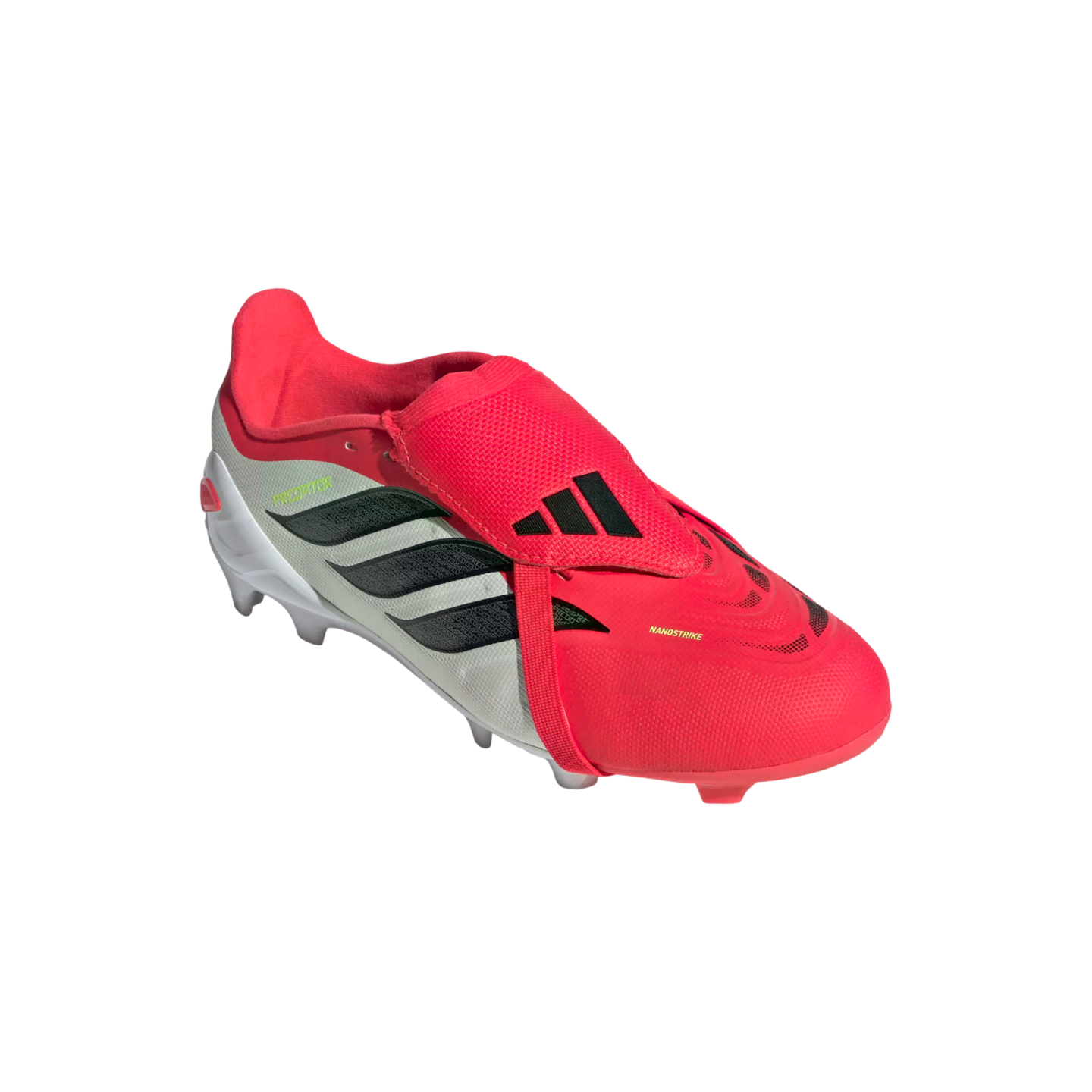 An Adidas Predator soccer cleat in red and white with black stripes and a fold-over tongue.