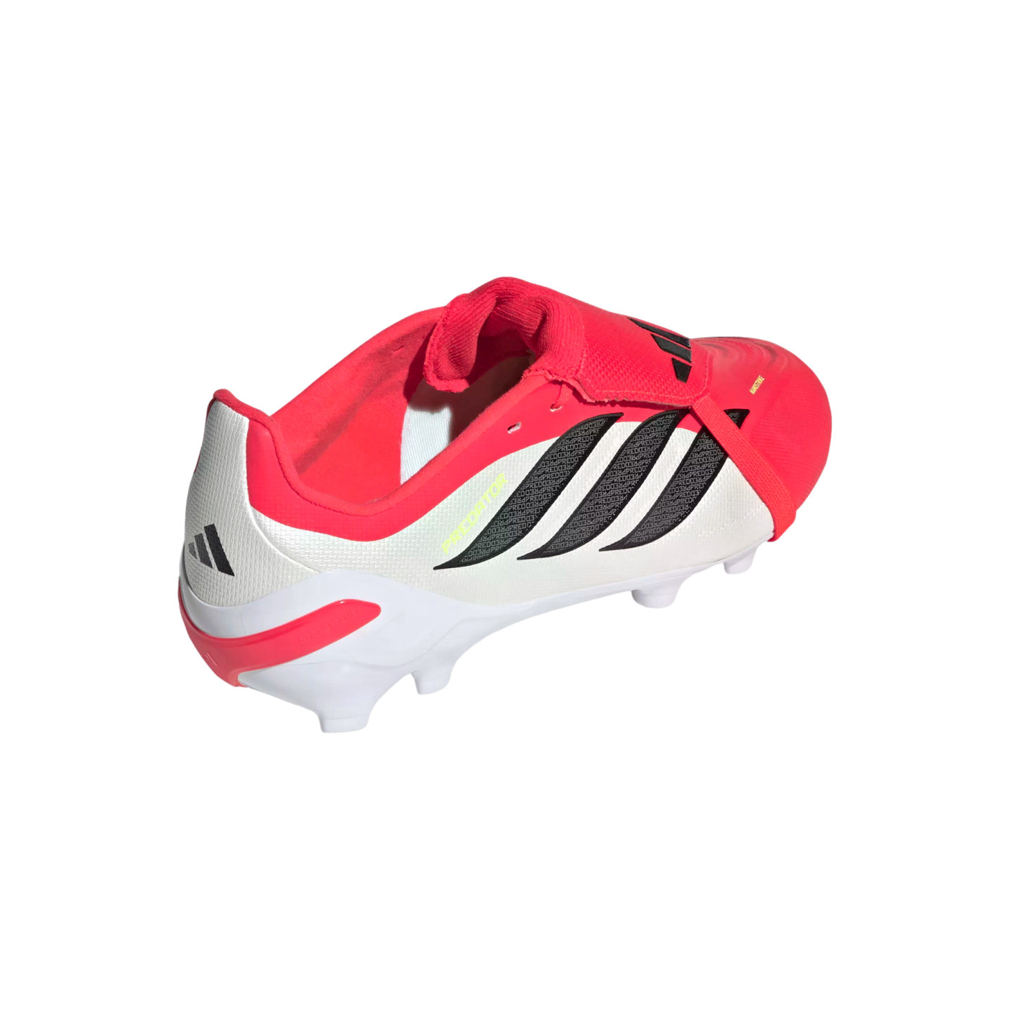 Rear side view of a red and white Adidas Predator soccer cleat with black stripes and a fold-over tongue, set against a black background.
