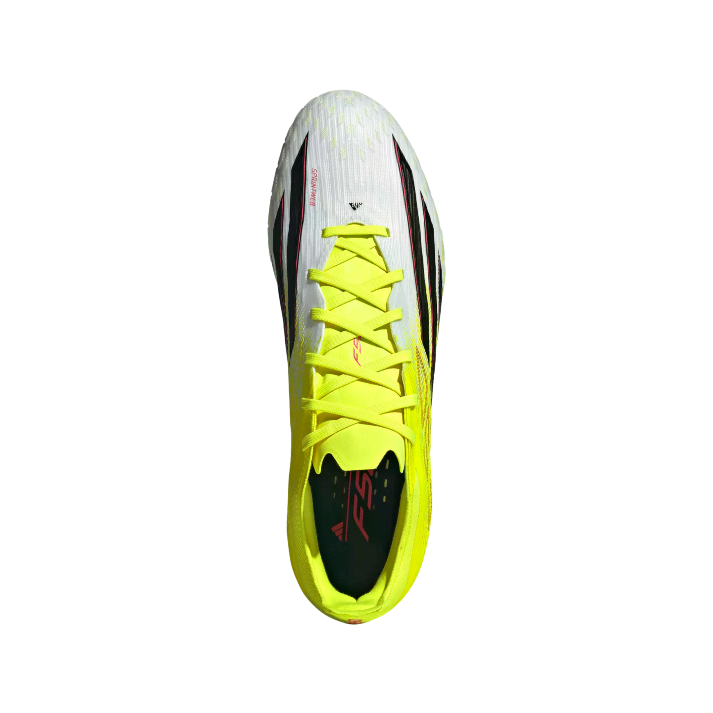 Top-down view of a white and neon yellow Adidas soccer cleat with bright yellow laces on a black background.