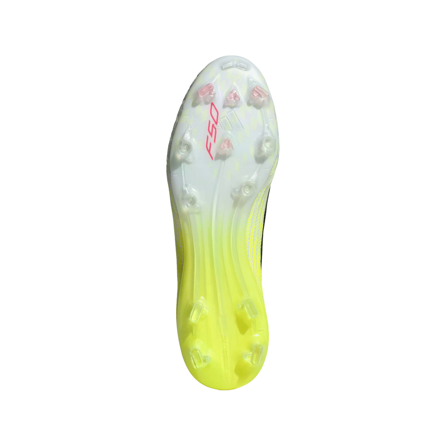 Underside of a soccer boot with a white and neon yellow soleplate, red 'F50' branding, and translucent studs against a black background.
