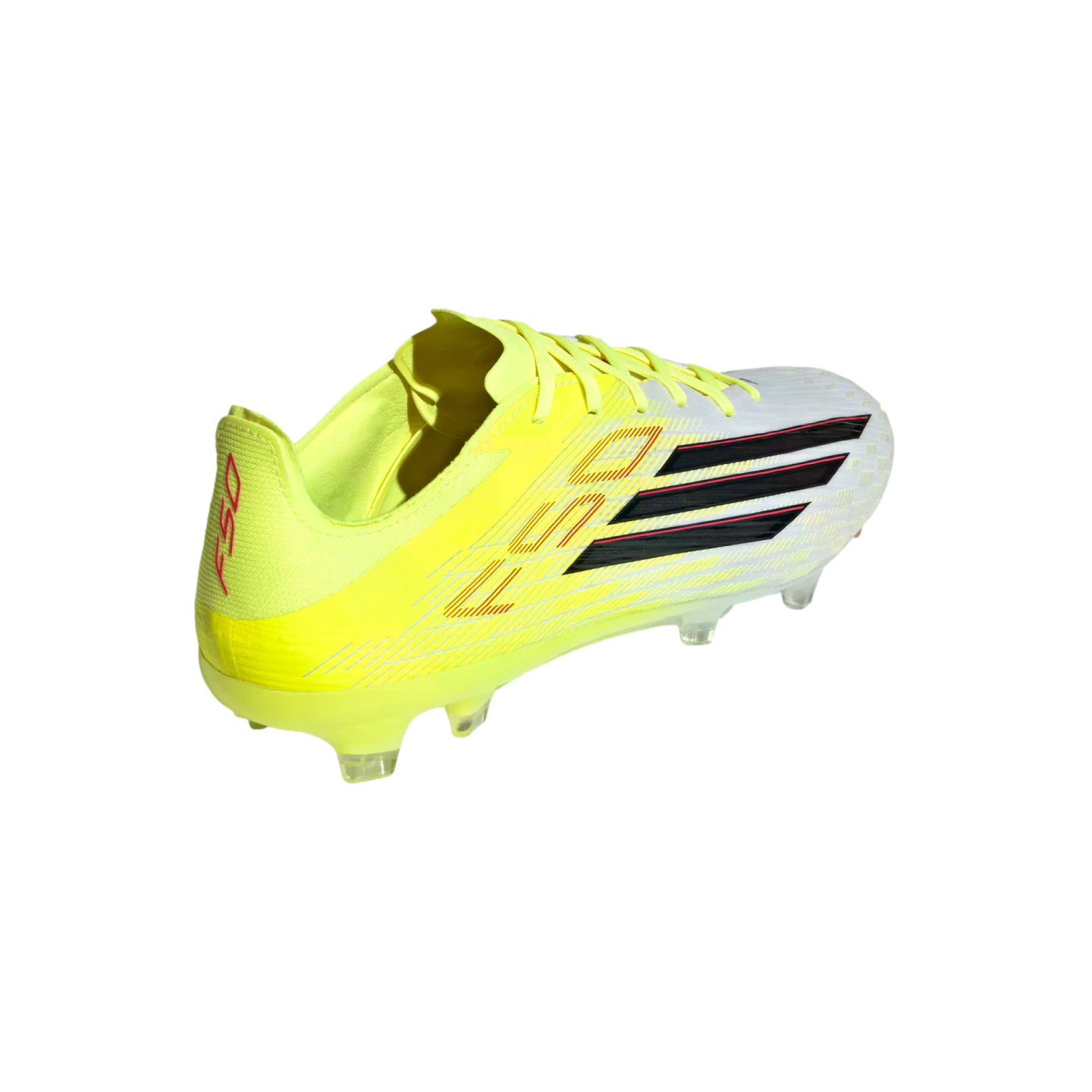A neon yellow and white F50 soccer cleat with black and pink stripes, shown from a side-rear angle against a black background.