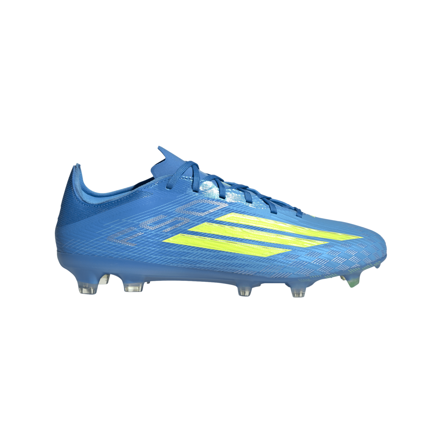 A side profile of a light blue soccer cleat with neon yellow diagonal stripes on a solid black background.