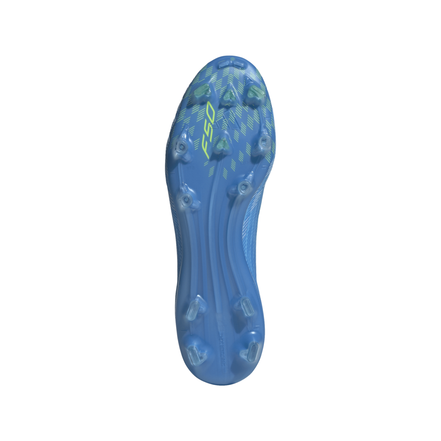 A light blue soccer cleat soleplate with translucent studs and a lime green "F50" logo, shown against a solid black background.