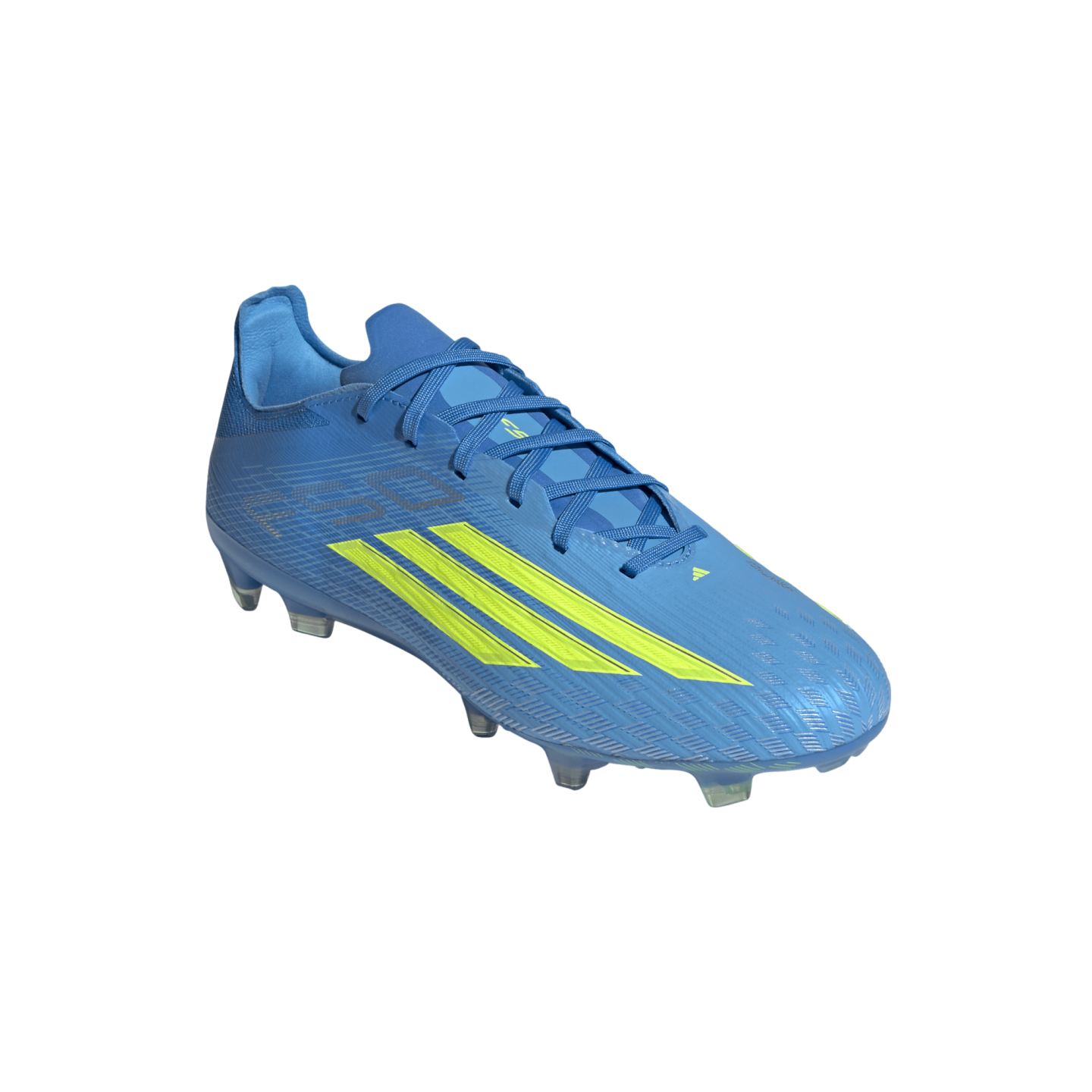 A bright blue, low-cut Adidas F50 soccer cleat with neon yellow stripes and matching blue laces, shown at an angle against a black background.