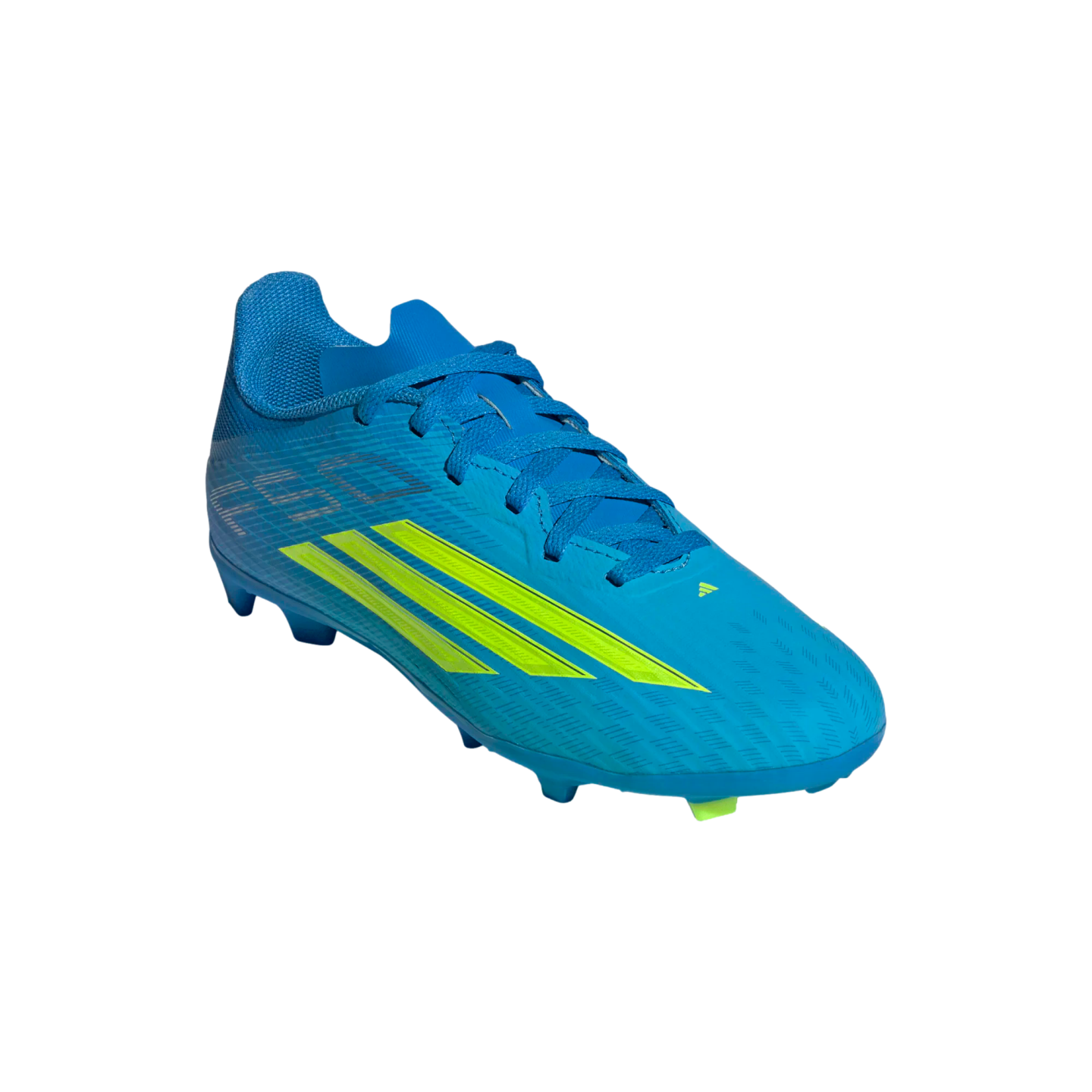 A bright blue Adidas F50 soccer cleat with neon yellow stripes and studs, set against a solid black background.