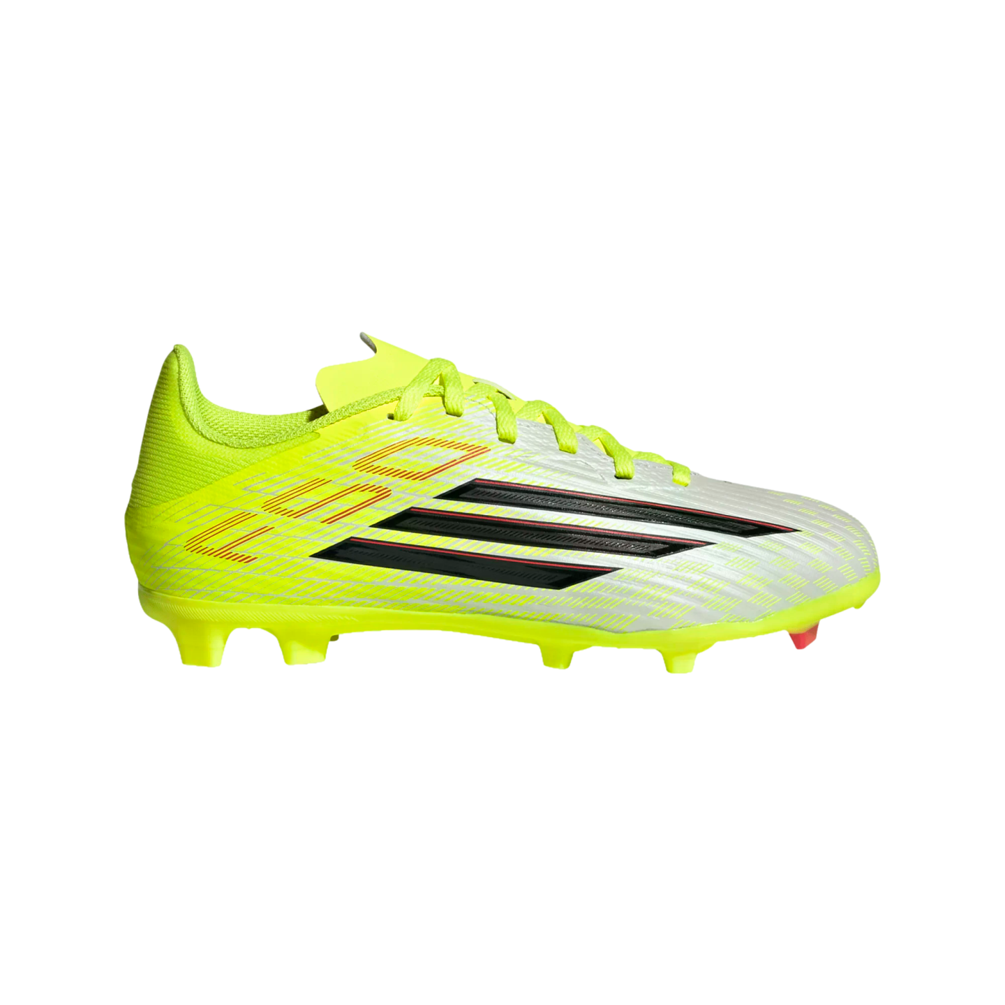 A neon yellow and silver Adidas soccer cleat with black stripes and red accents, shown from the side against a black background.