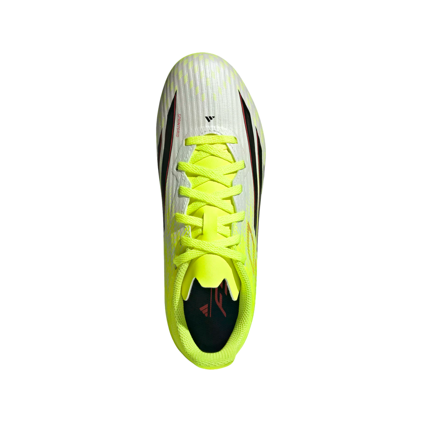 Top-down view of a white and neon yellow Adidas soccer cleat with bright yellow laces and black and red accents.