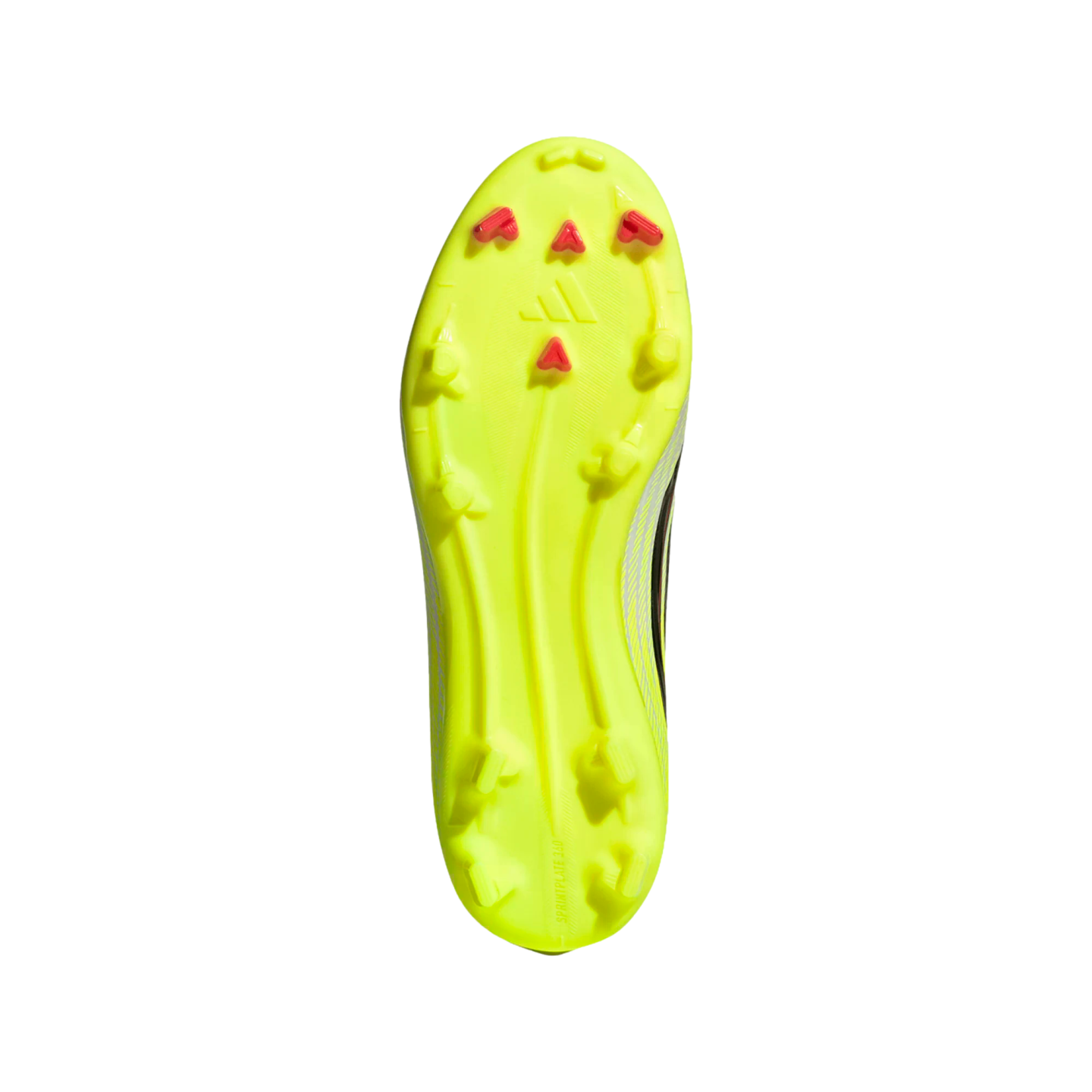 Bottom view of a neon yellow soccer cleat outsole with red and yellow studs, featuring the Adidas logo and "SPRINTPLATE 360" text on a black background.