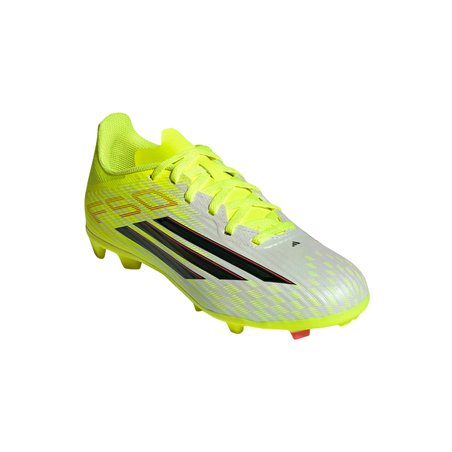 Adidas F50 soccer cleat in neon yellow and white with three black stripes and matching laces, isolated on a black background.