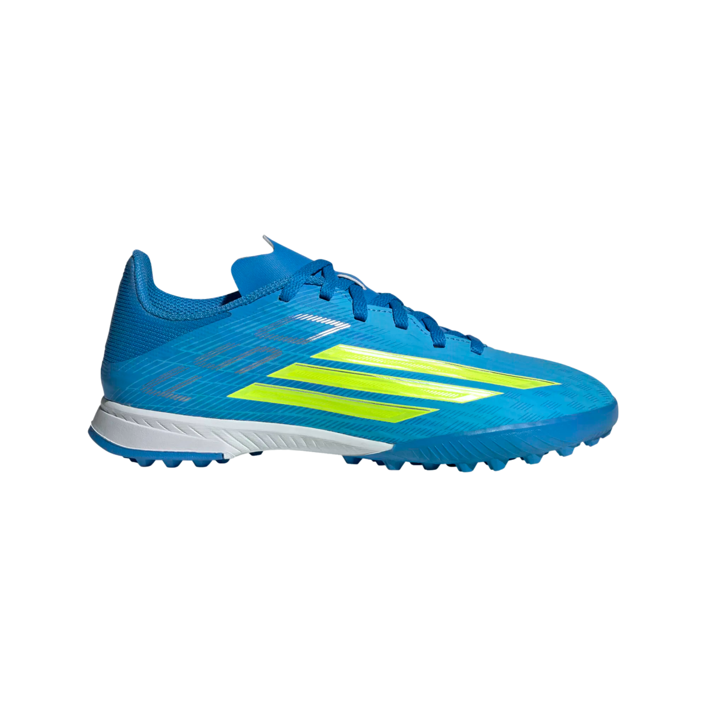 A side-profile view of a bright blue Adidas turf soccer shoe with three neon yellow stripes and a white midsole, set against a black background.