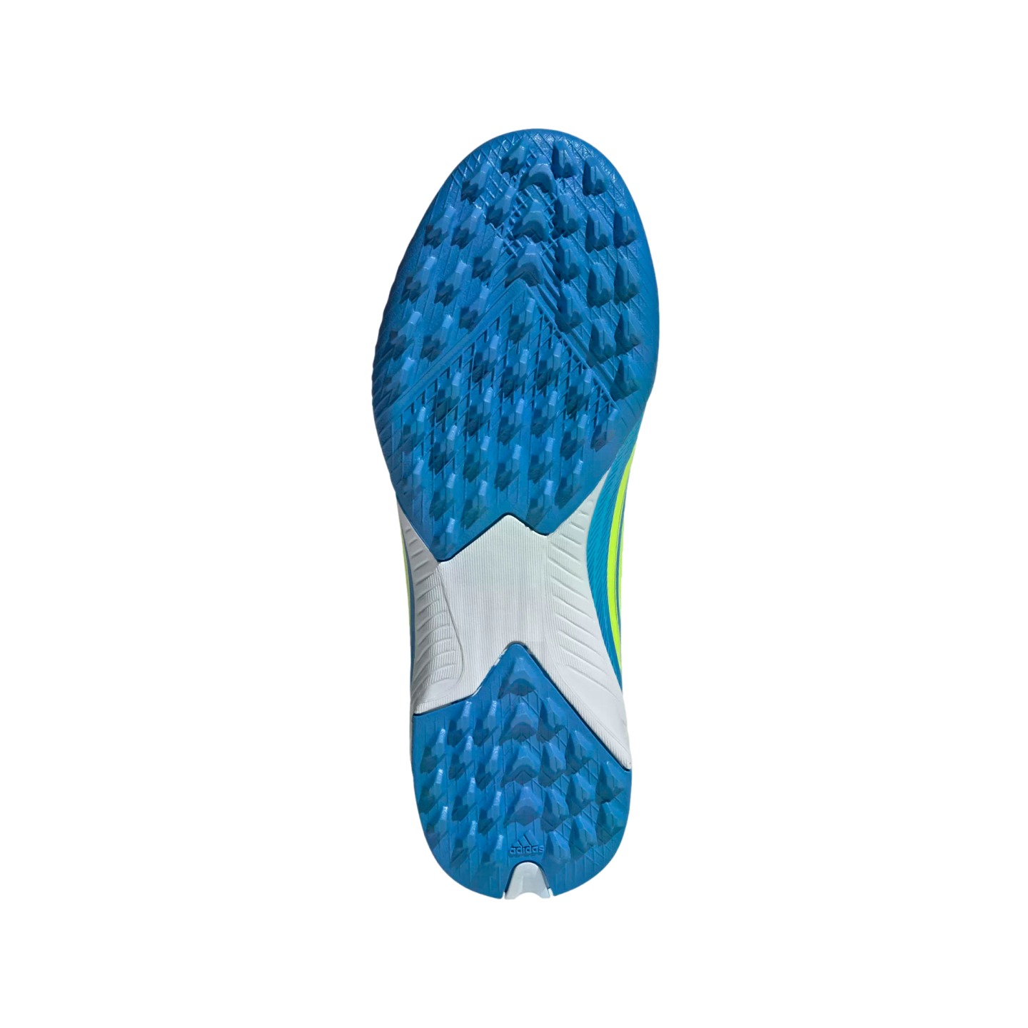 The blue and white textured outsole of an Adidas turf soccer shoe, featuring a dense pattern of small triangular cleats for traction and a white midfoot section.