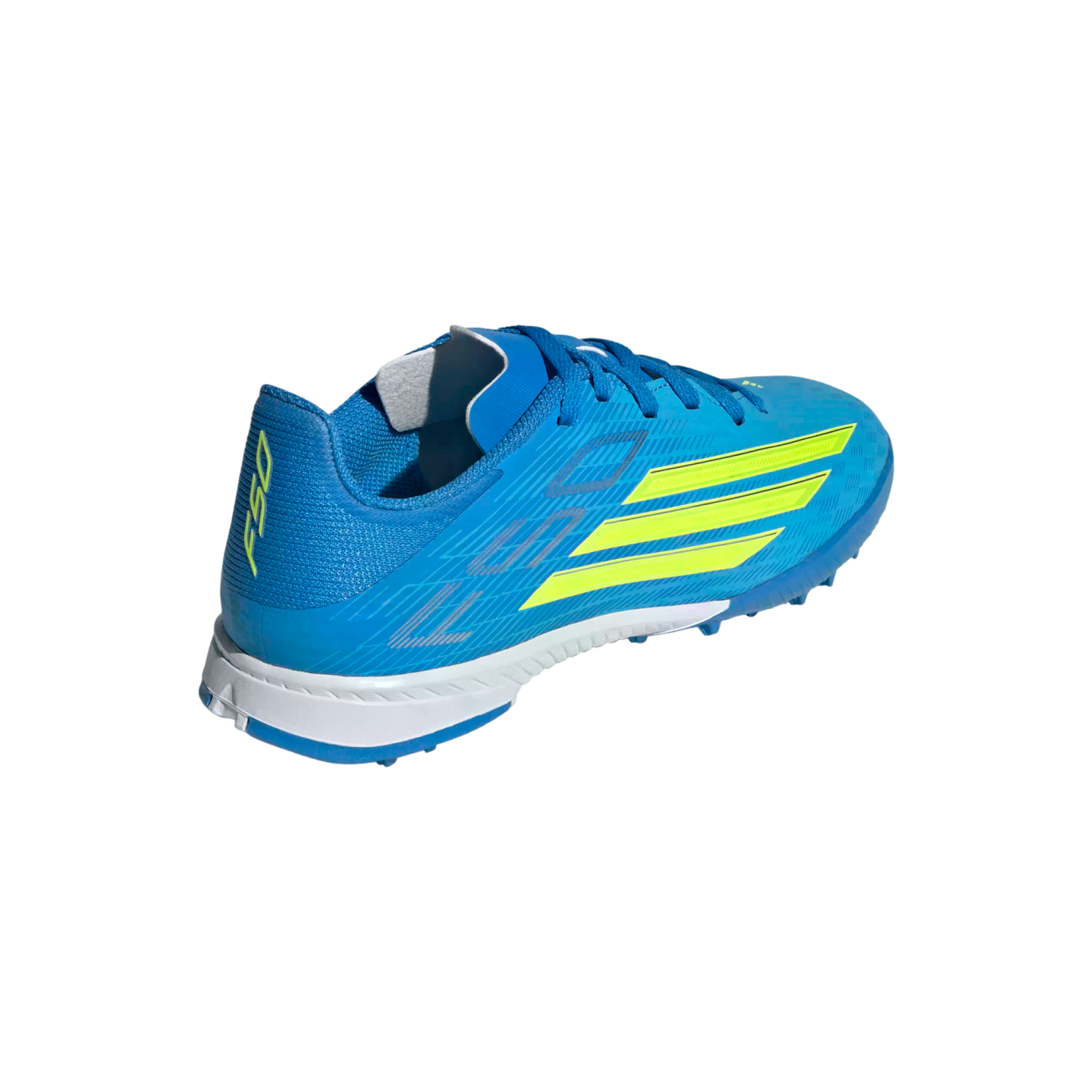 A bright blue and neon yellow Adidas F50 soccer cleat shown from a rear-angled view against a solid black background.