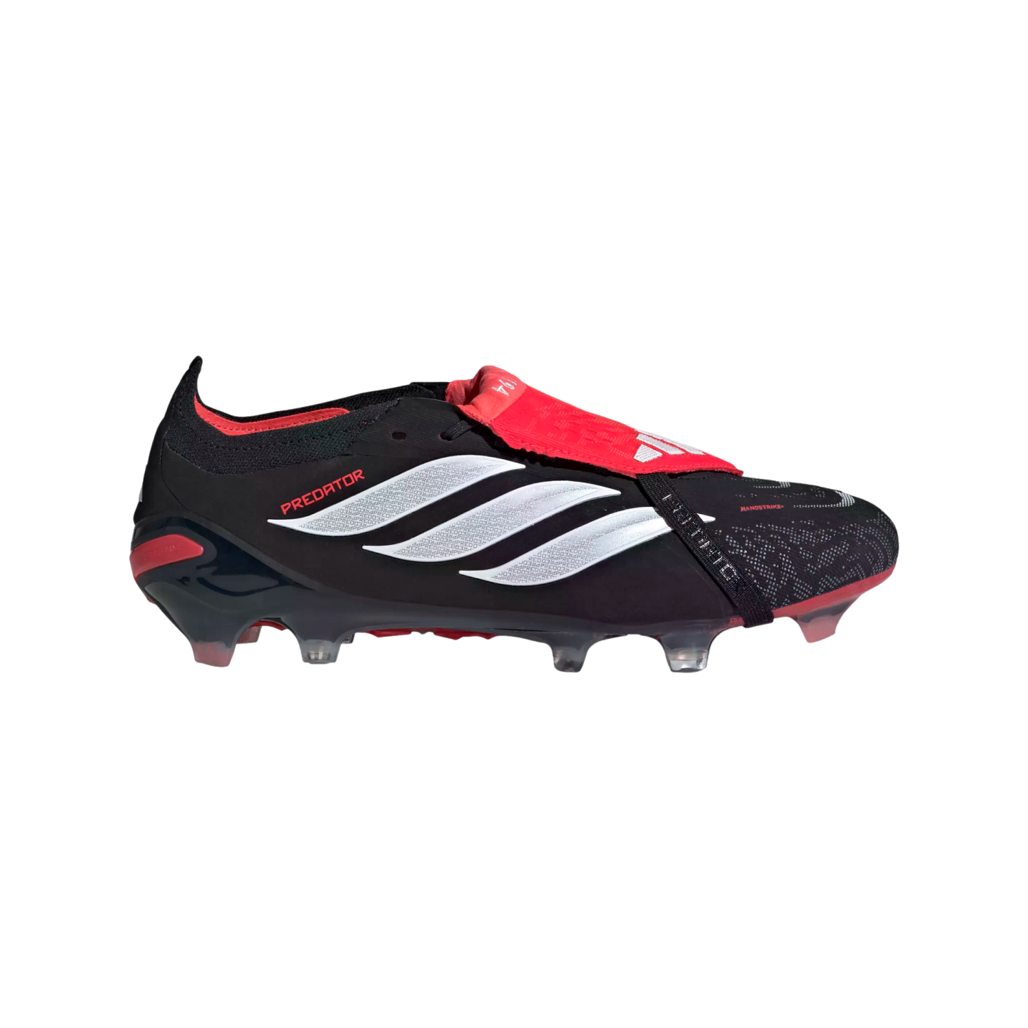 Side profile of a black Adidas Predator soccer cleat with three white stripes and a red fold-over tongue.