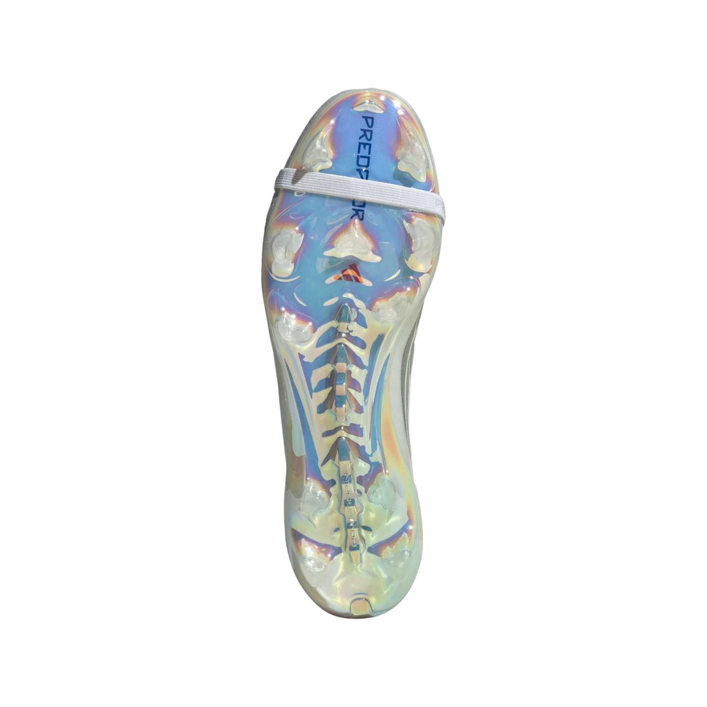 Bottom of an iridescent Adidas Predator soccer cleat with clear studs and a white strap across the forefoot, shown against a black background.