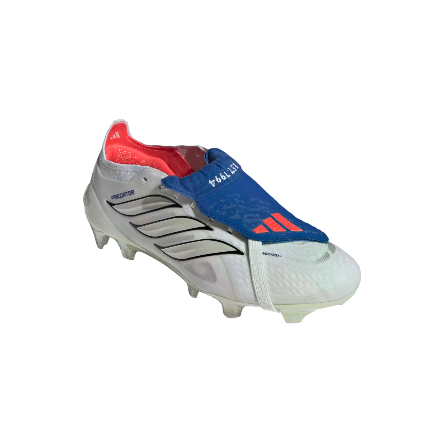 A white Adidas Predator soccer cleat featuring a prominent blue fold-over tongue with red accents and signature black side stripes.