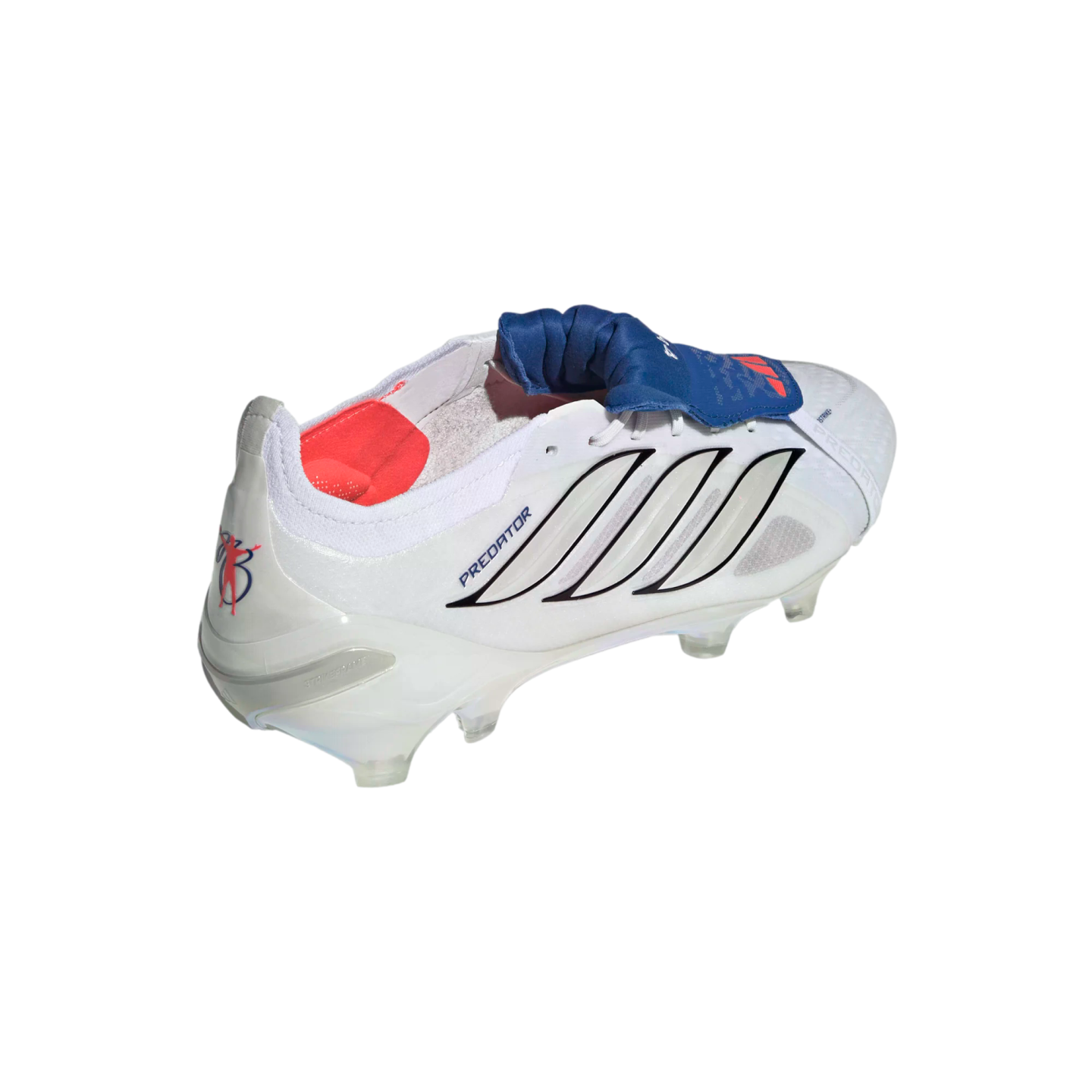 White Adidas Predator soccer cleat with black stripes and a blue fold-over tongue, shown from a rear side angle against a black background.