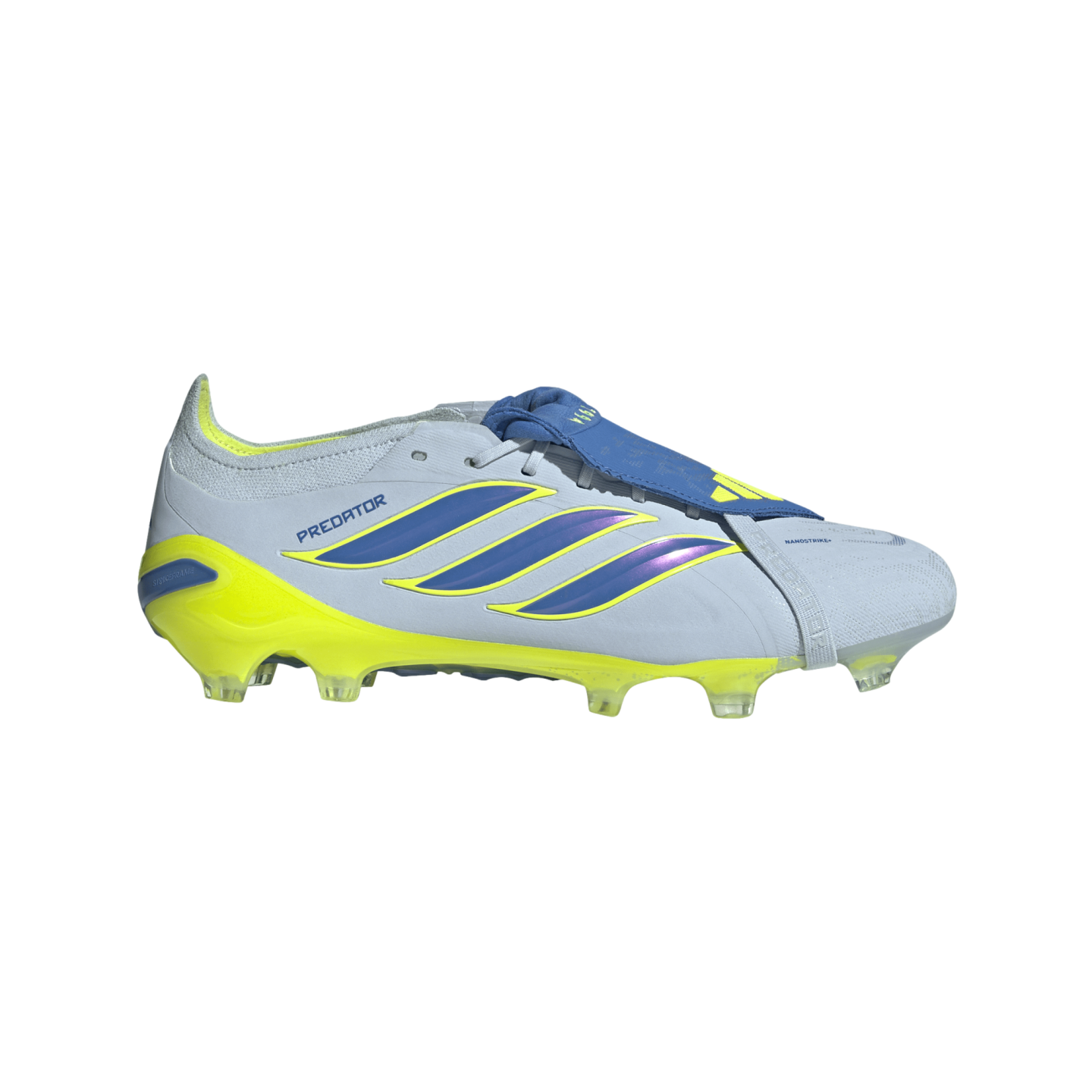 A side profile view of an Adidas Predator soccer cleat featuring a light blue upper, a bright yellow soleplate, and three iridescent blue stripes outlined in yellow, set against a solid black background.