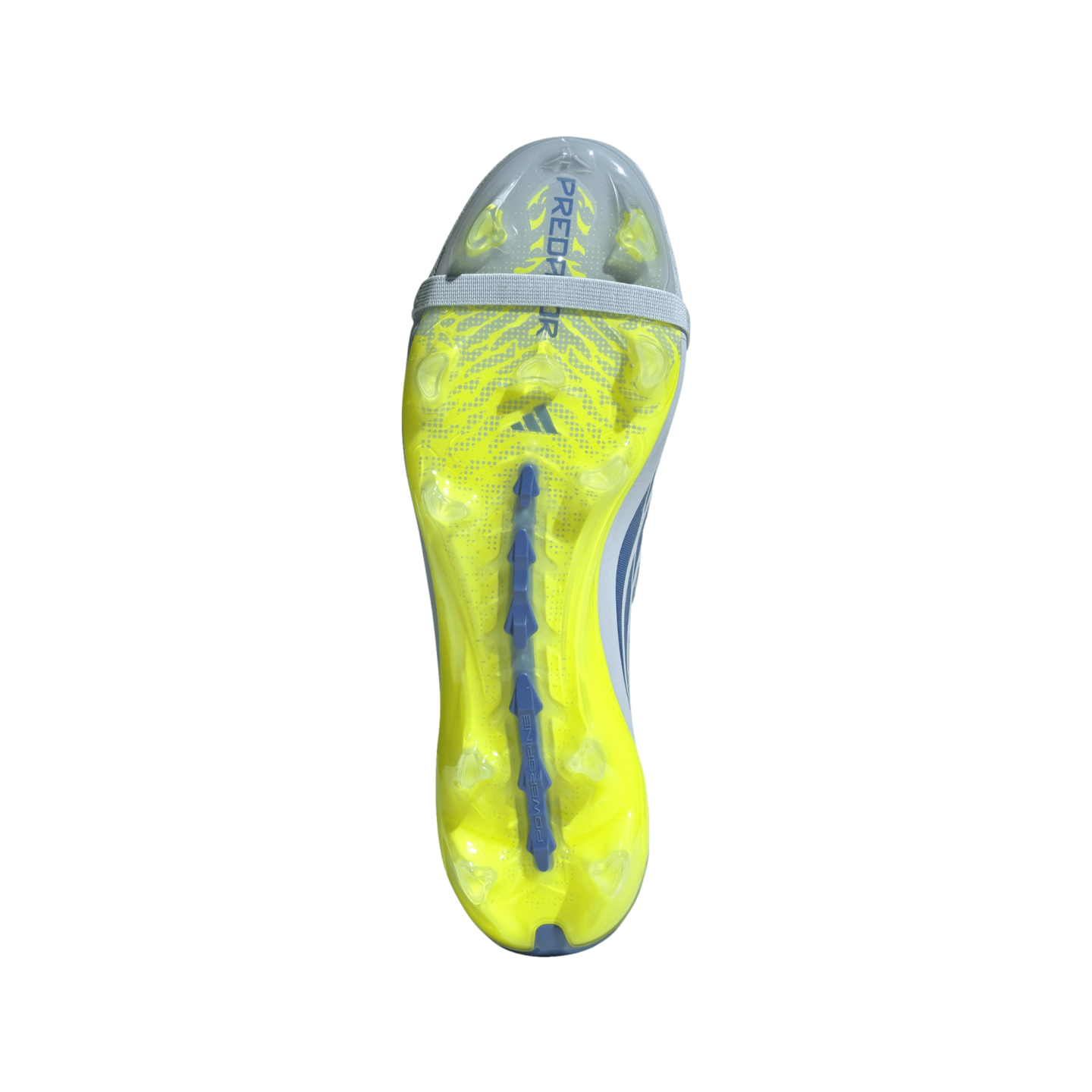 An underside view of a neon yellow Adidas Predator soccer boot soleplate featuring translucent studs, a blue central spine, and a light grey elastic band near the toe, all set against a black background.